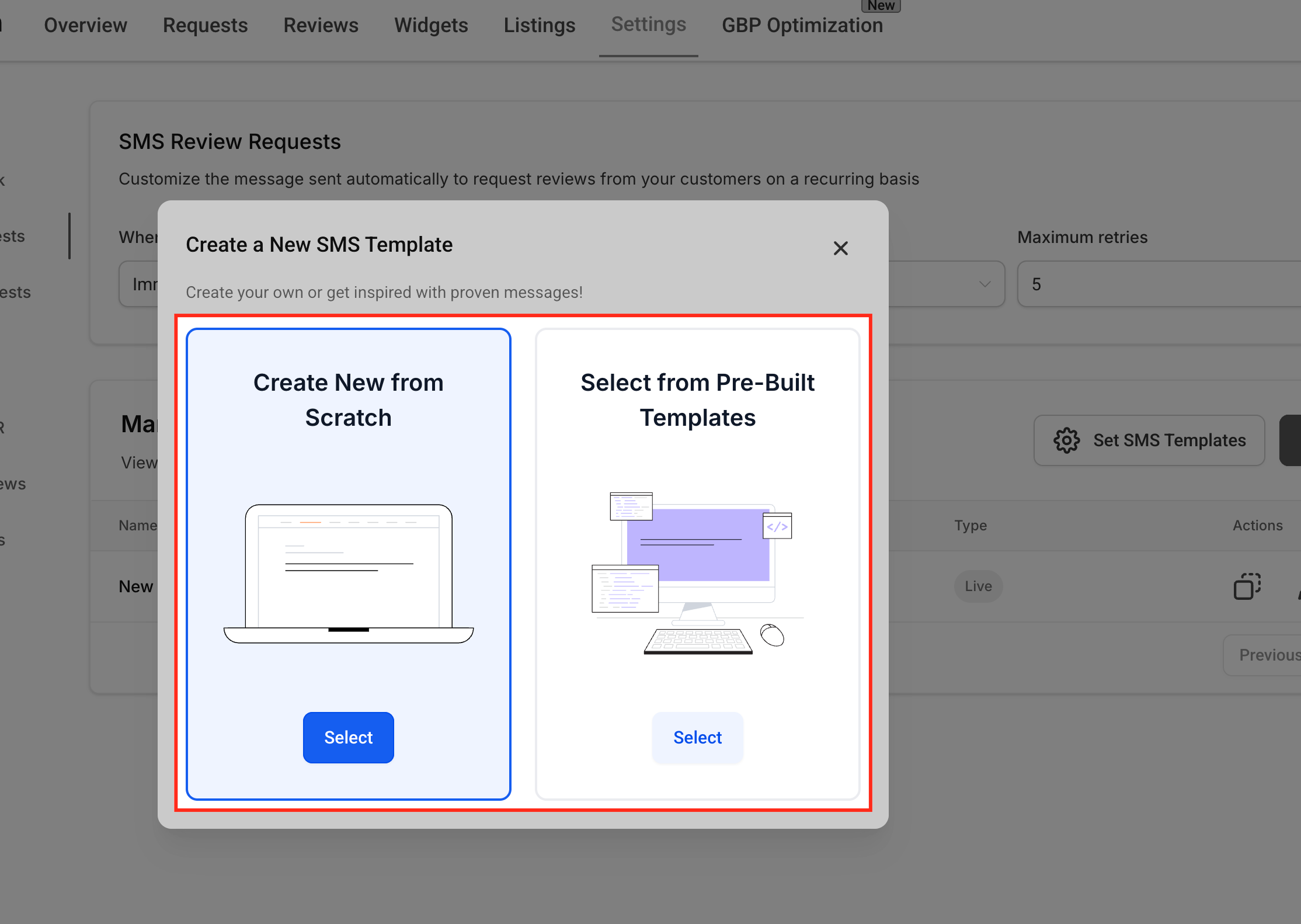 SMS Template Type Selection Screenshot of GoHighLevel 'Choose Template Type' screen, prompting selection between creating a new SMS template from scratch or using pre-built templates.
