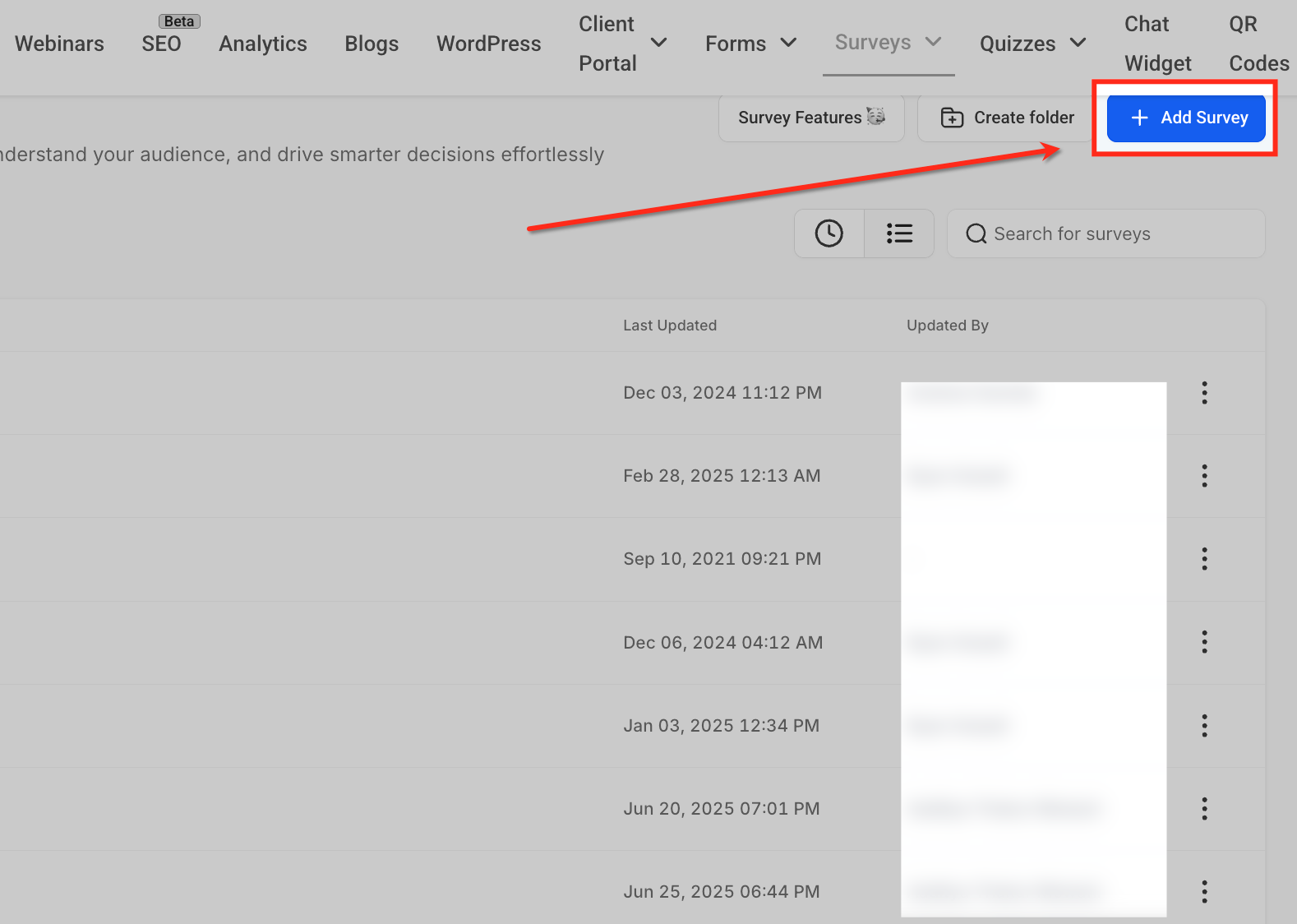 GoHighLevel Survey Builder interface showing existing surveys and the option to create a new one