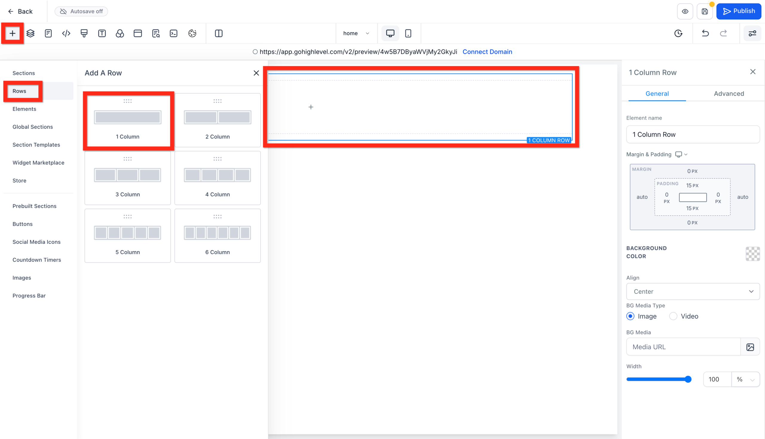 GoHighLevel website builder showing a newly added section and the option to add a '1 Column' row within it.