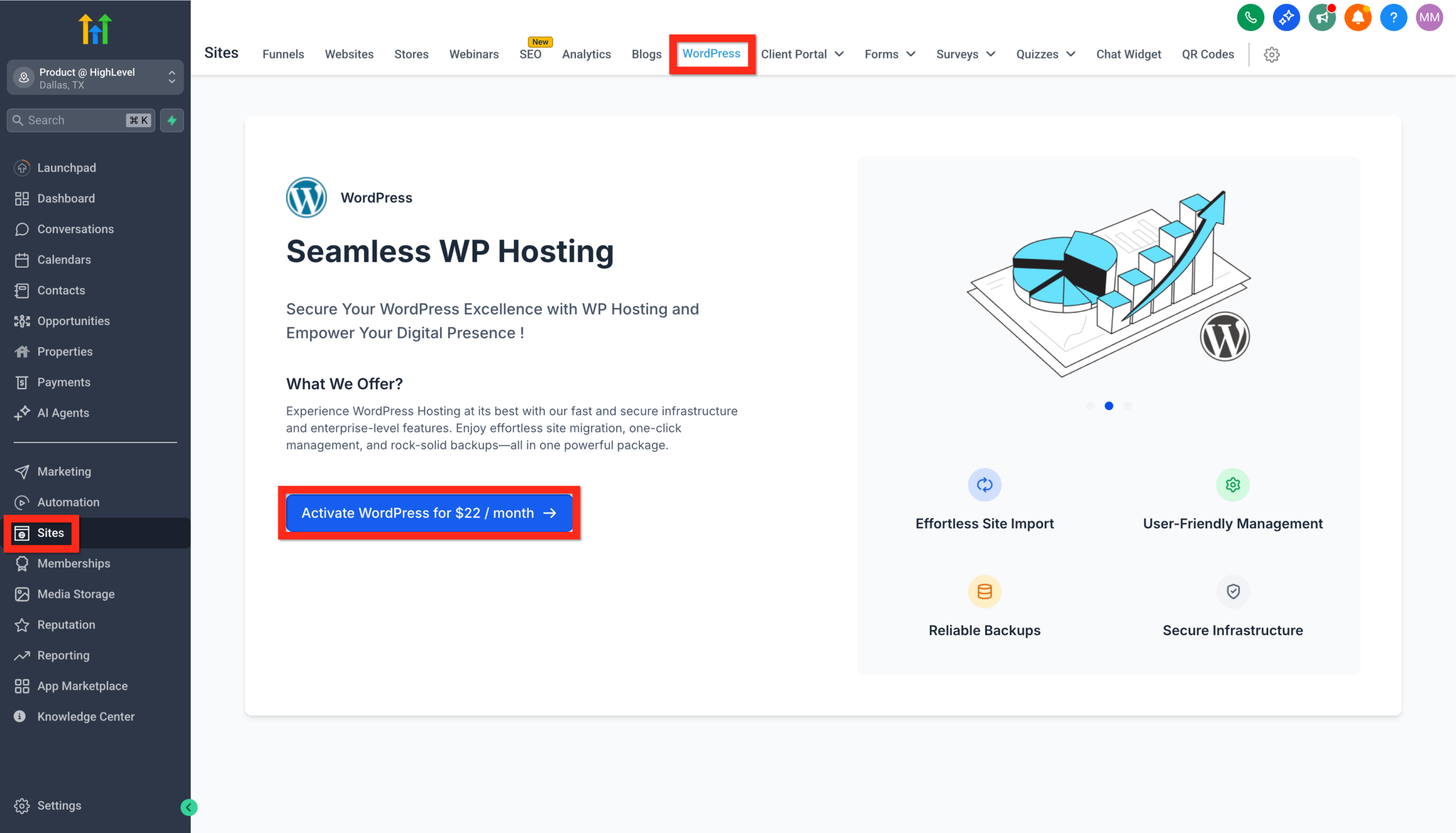 Activate WordPress in HighLevel Screenshot showing the 'Activate WordPress' button within the HighLevel Sites > WordPress settings.