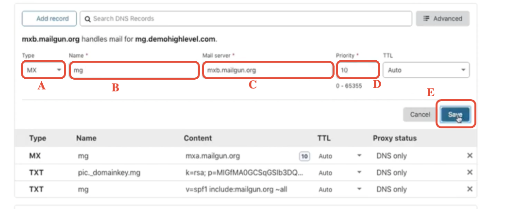Cloudflare Add DNS Record form for the second MX record, ready to be filled