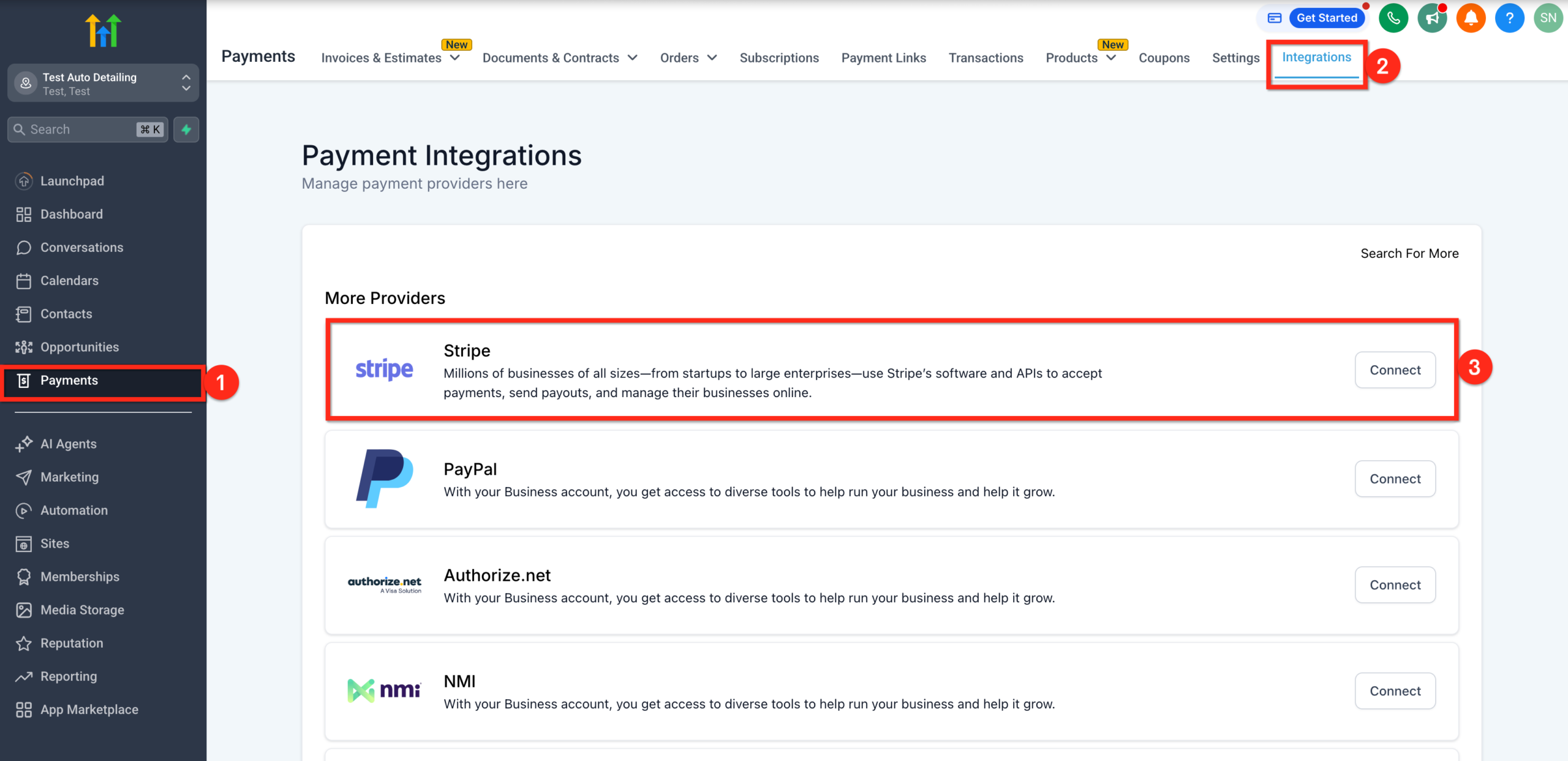 Screenshot of GoHighLevel Payments Integrations tab, showing the 'Connect' button for Stripe.