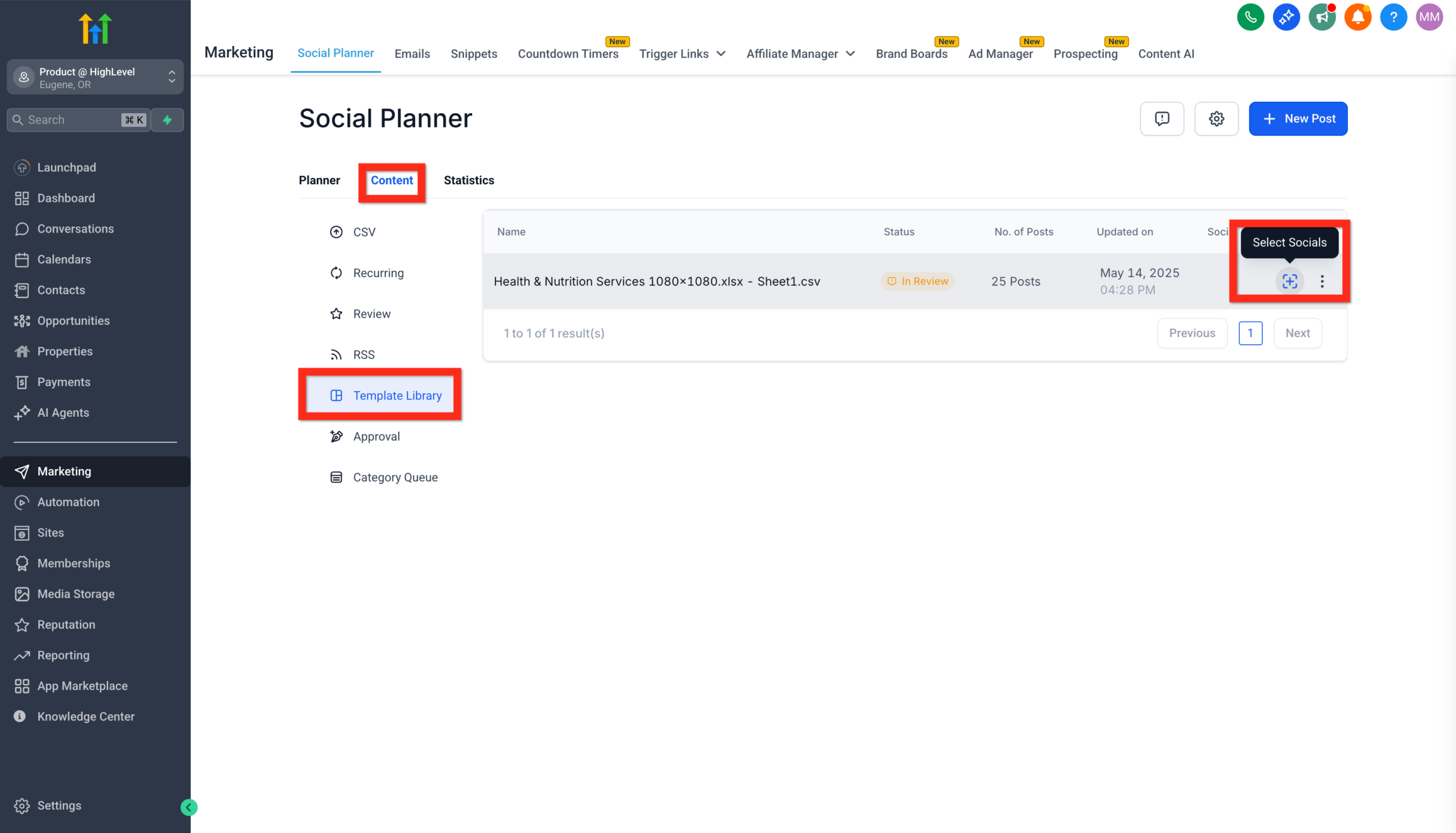 Scheduling a template by clicking the 'Select Socials' plus icon to choose platforms.