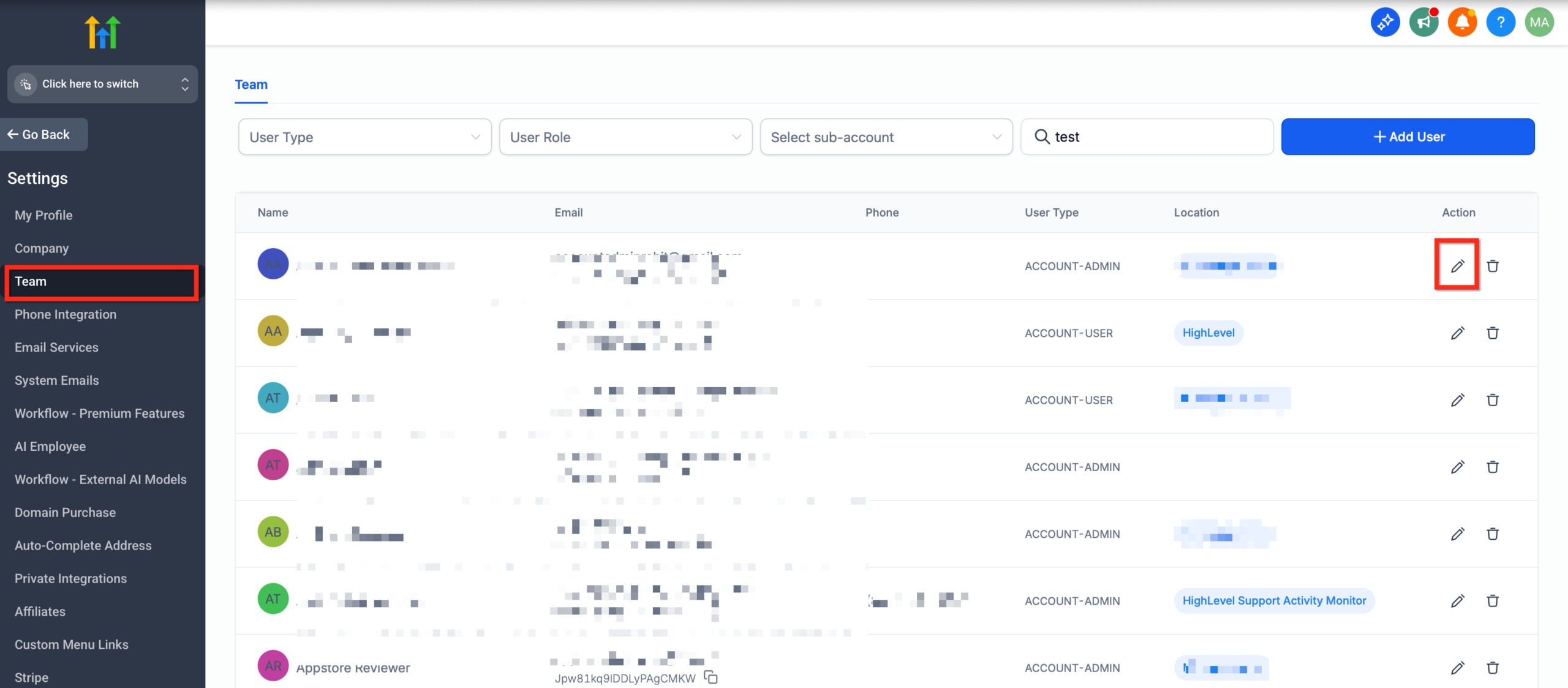 GoHighLevel Agency Settings menu with Team highlighted