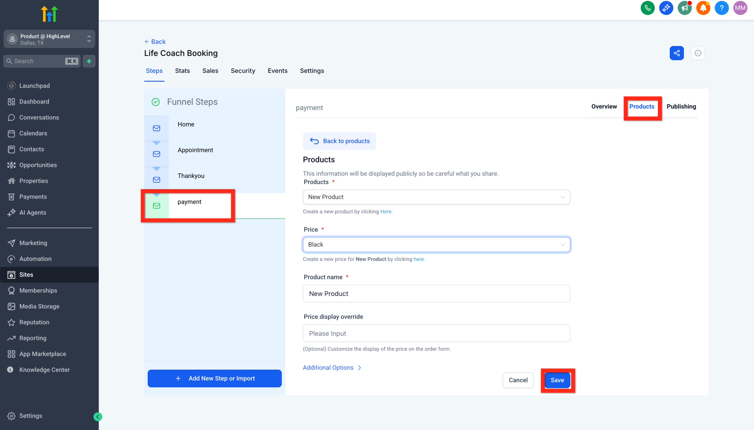 Screenshot showing the product selection within the order form settings, ensuring the correct product is linked to the checkout page.