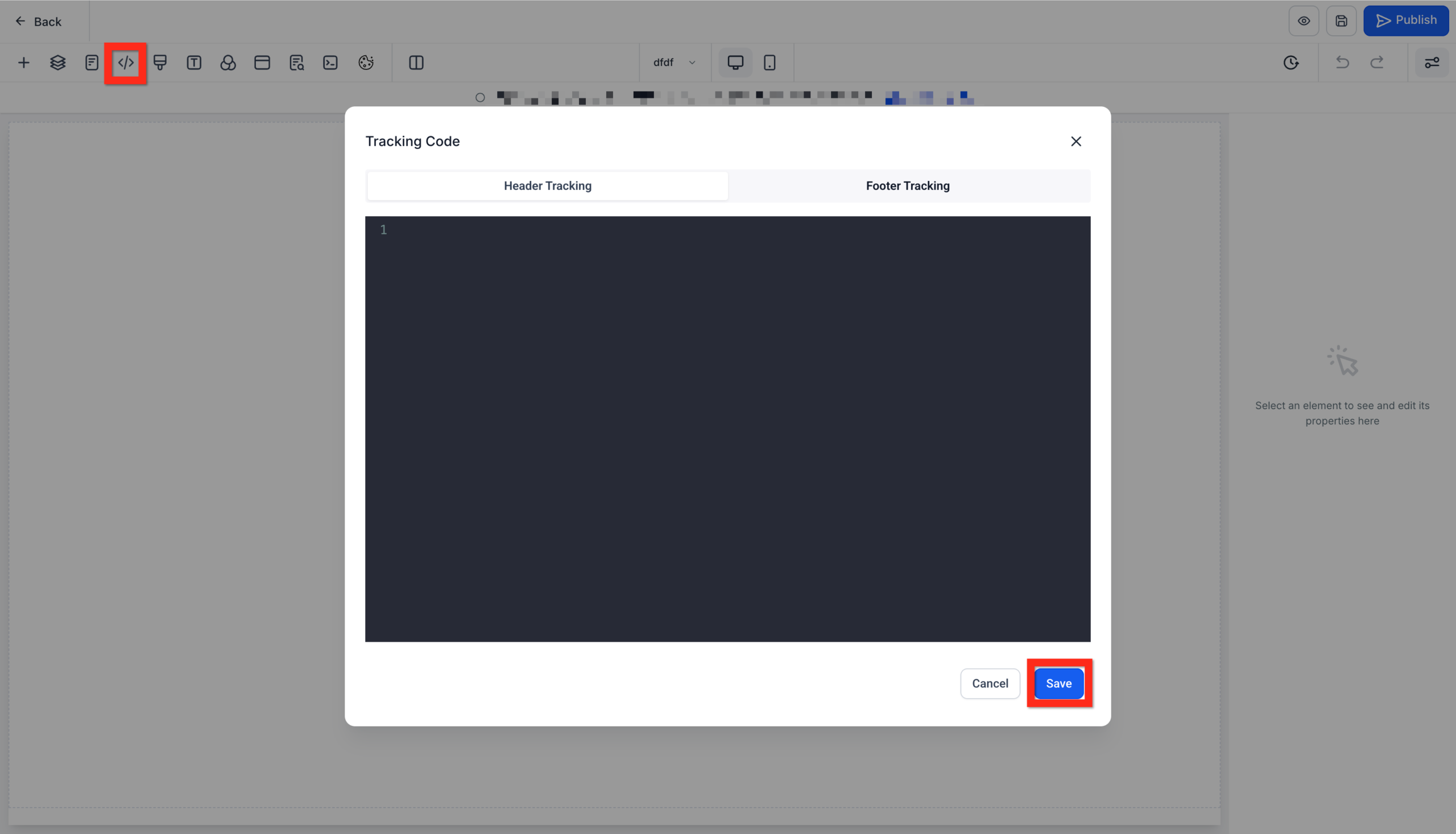 Screenshot of the GoHighLevel website builder's tracking code section, showing the pasted chat widget code and the 'Save' button.