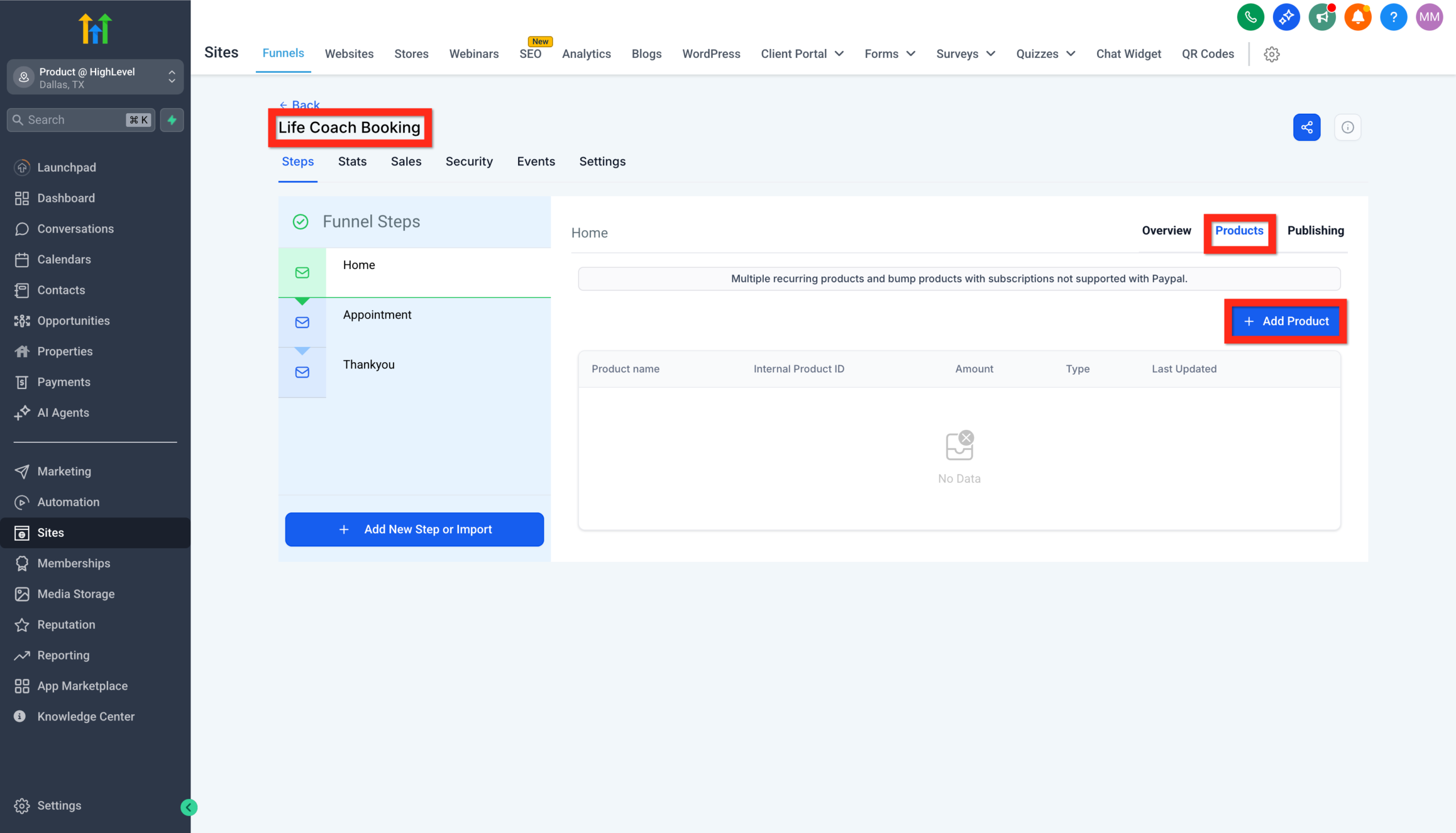 Screenshot of the Funnel Products tab, showing the 'Add Product' button to associate a created product with a specific funnel.