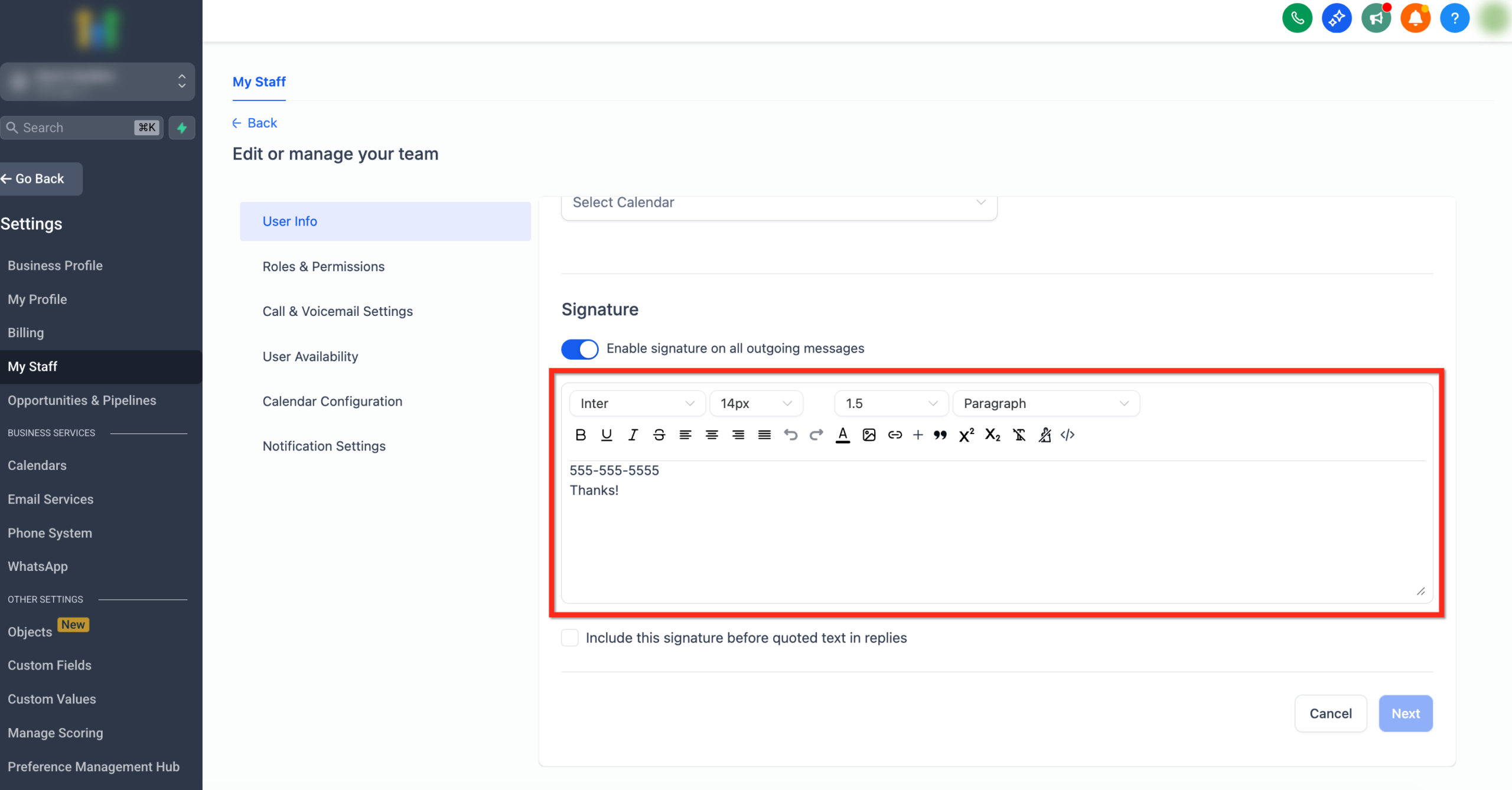 Screenshot of the Email Signature editor field within GoHighLevel user settings