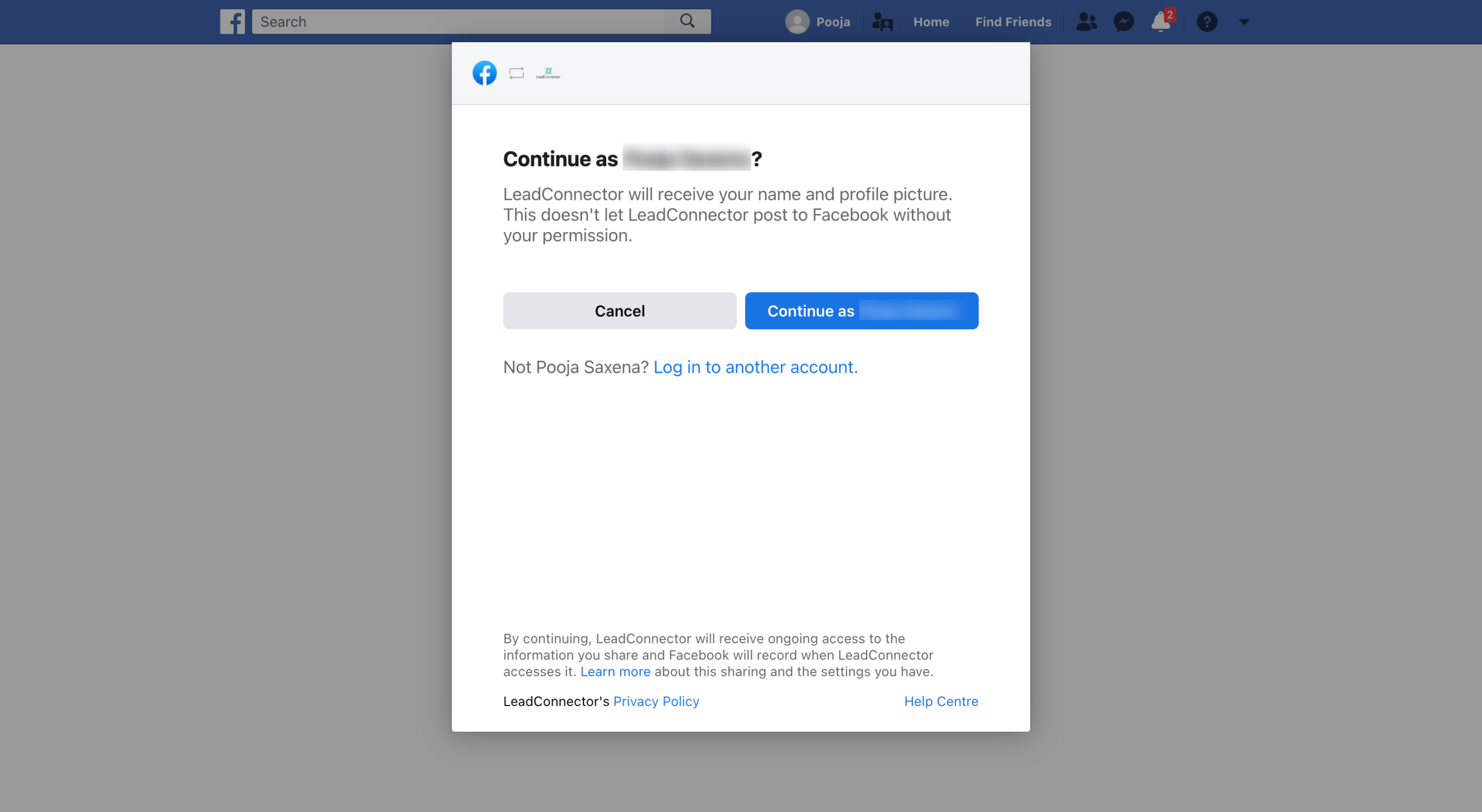 Facebook login prompt for connecting to Social Planner.