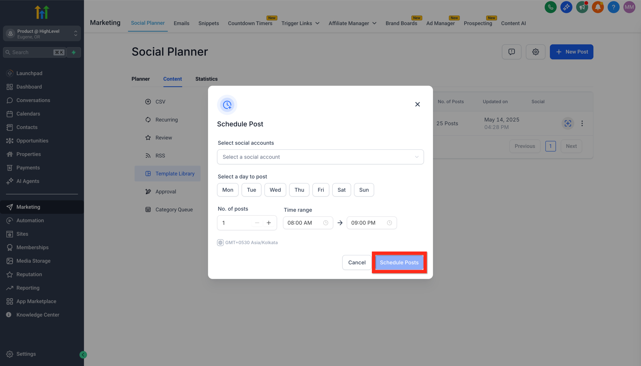 Schedule Post modal with fields for selecting social accounts, setting date and time, and confirming the post schedule.