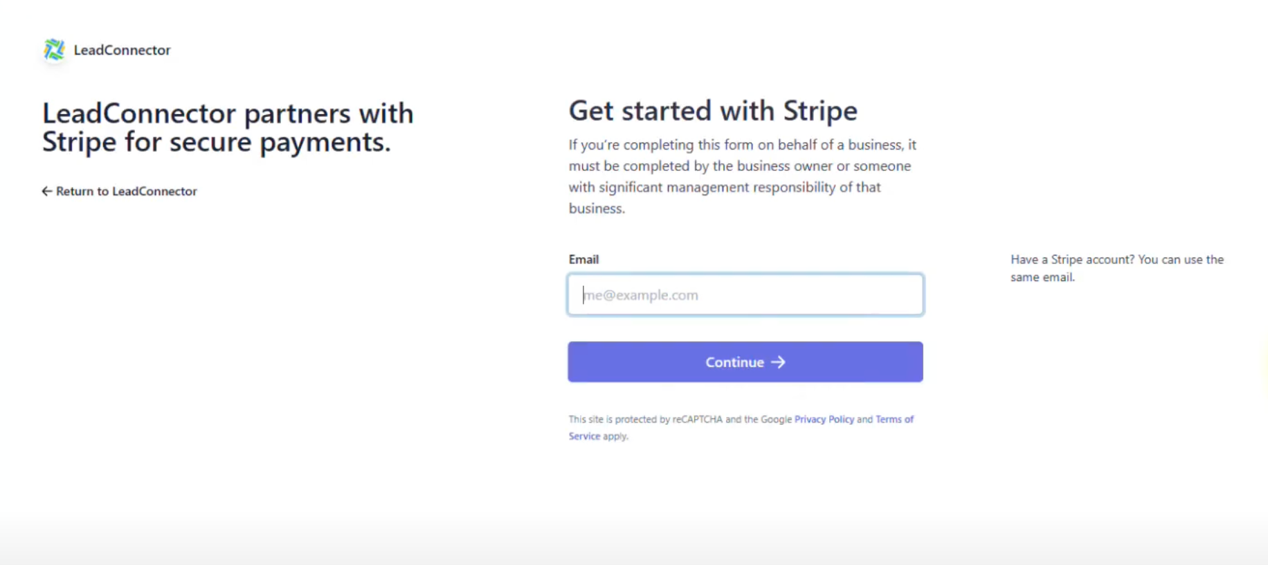 Screenshot showing the Stripe authorization page, prompting the user to log in and connect their account to GoHighLevel.