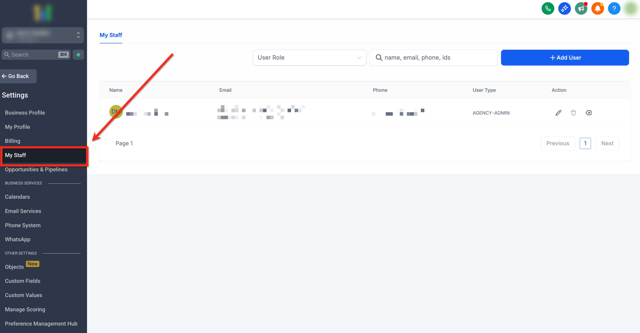 Screenshot showing navigation to Settings and My Staff in GoHighLevel