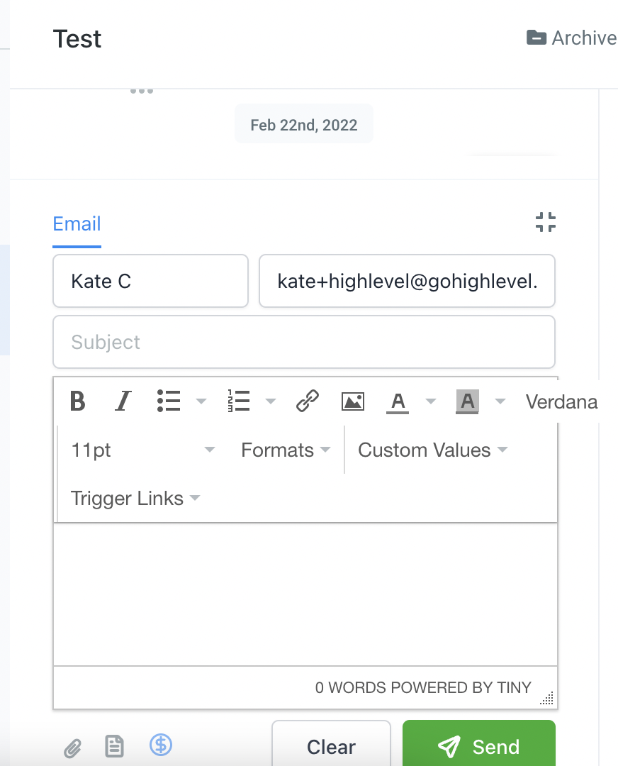 Screenshot of a GoHighLevel conversation interface, highlighting the text input field where a user would type a manual reply.