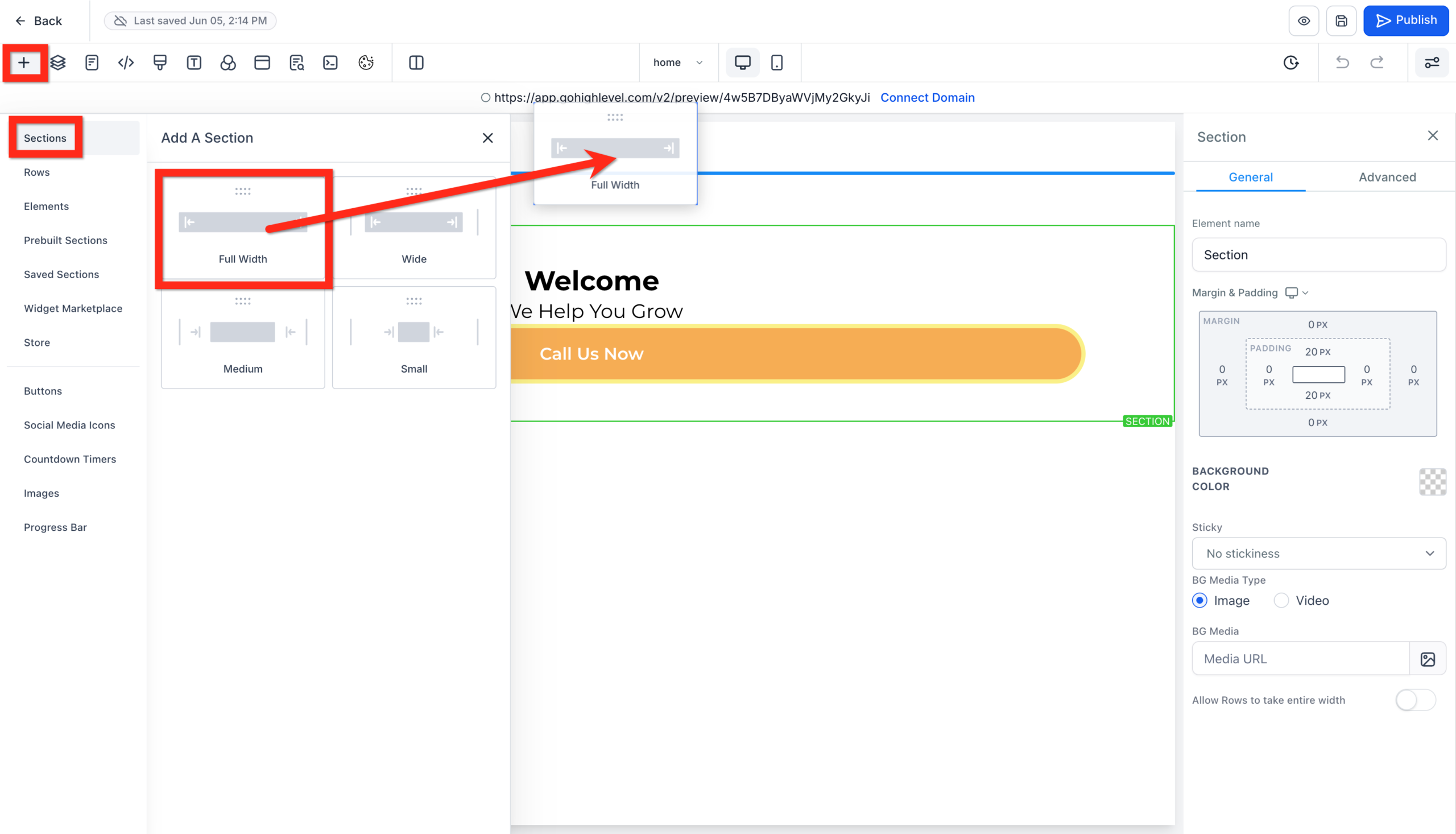 GoHighLevel website builder showing how to add a new full-width section at the very top of the page for a navigation menu.