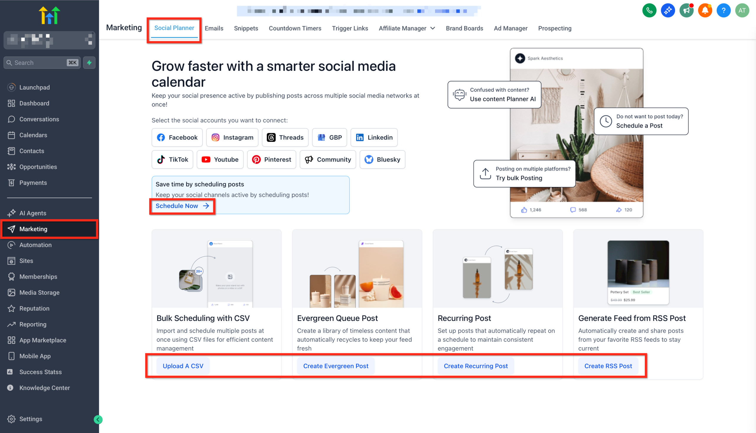 Social Planner dashboard overview showing options like Schedule a post, Upload a CSV, Create Evergreen Post, Create Recurring Post, and Create RSS Post.