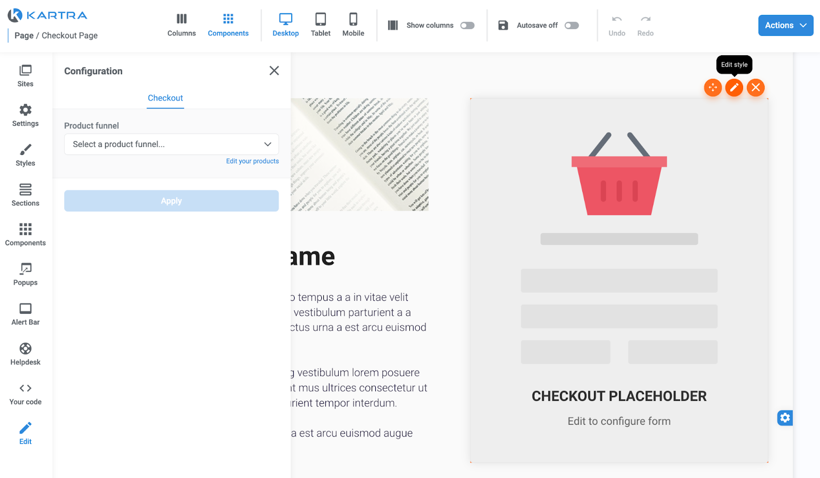HighLevel Funnel Builder Screenshot of the HighLevel 'Funnels' interface, displaying a list of funnels and options to add new steps or edit existing funnel pages with a visual builder.