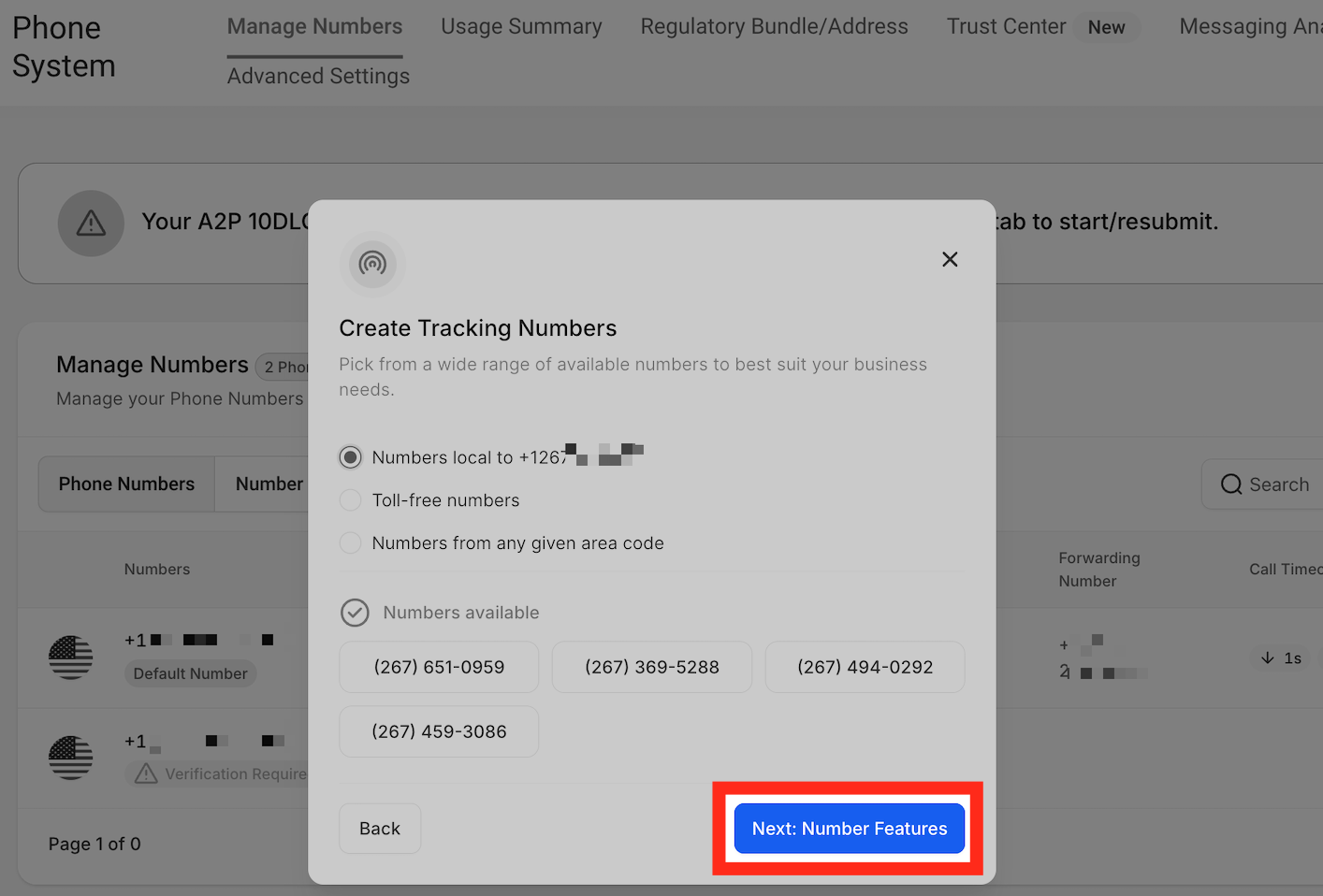 Next: Number Features Button Button to proceed to 'Next: Number Features' after choosing tracking numbers