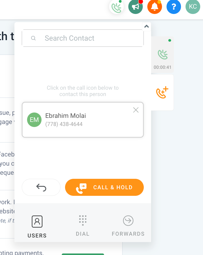 Screenshot of the GoHighLevel dialer interface showing the 'Patch Call' button to connect two ongoing calls for a warm transfer.