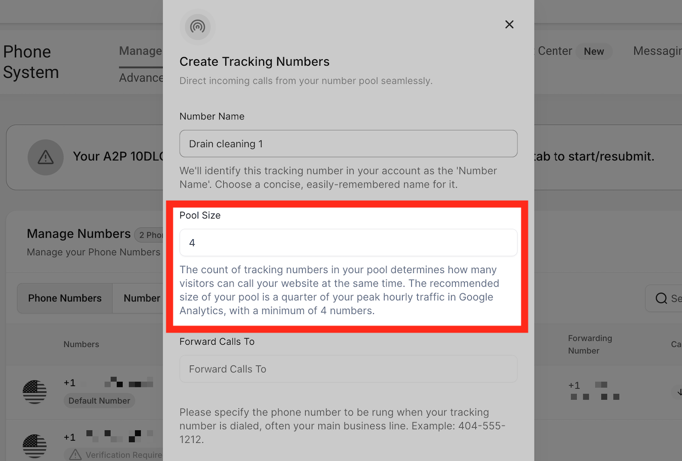 Number Pool Size Configuring the pool size for GoHighLevel call tracking numbers