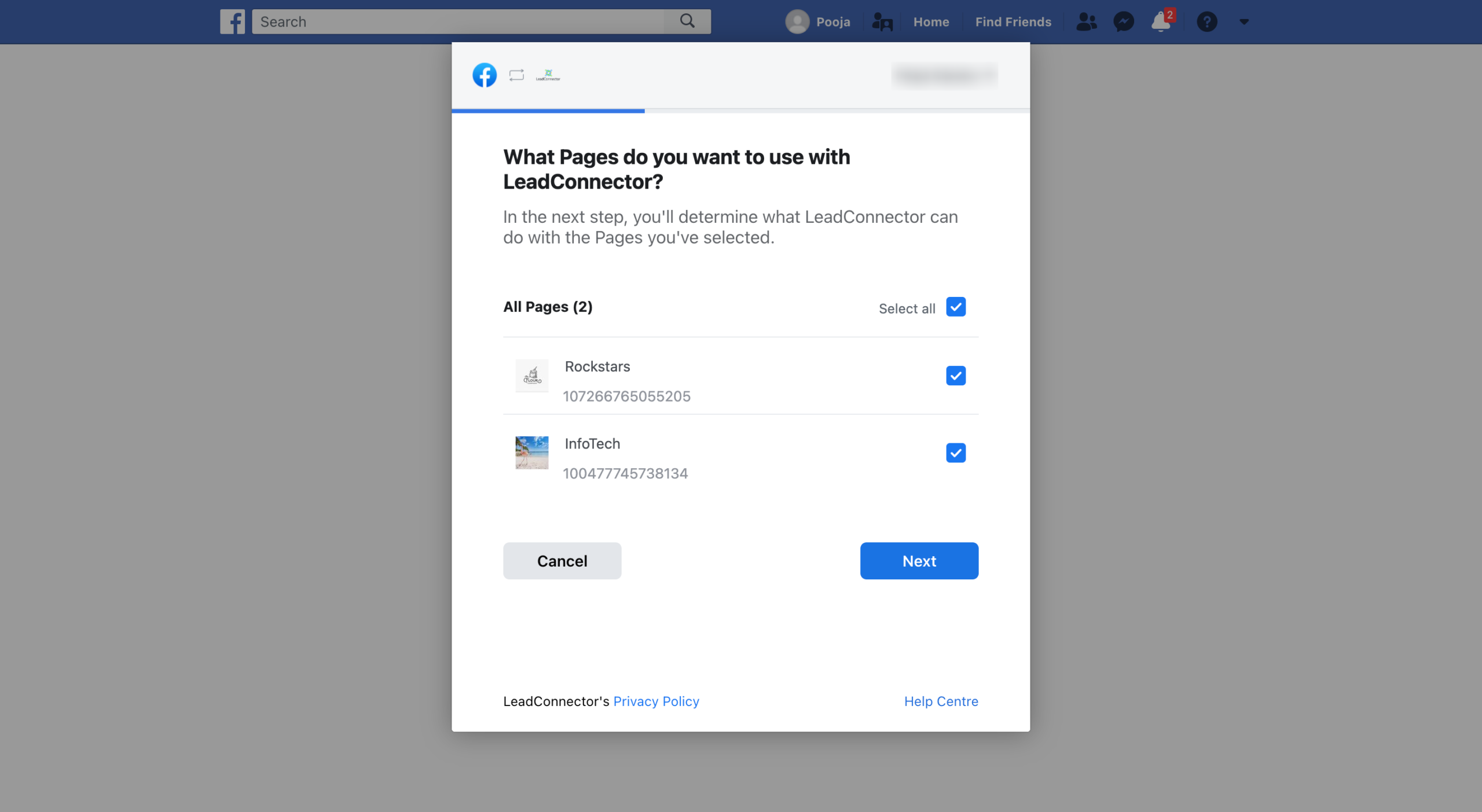 Selecting Facebook pages to manage within the Social Planner connection process.
