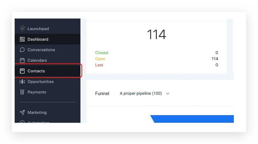 Screenshot highlighting the 'Contacts' menu item on the left navigation bar in GoHighLevel.