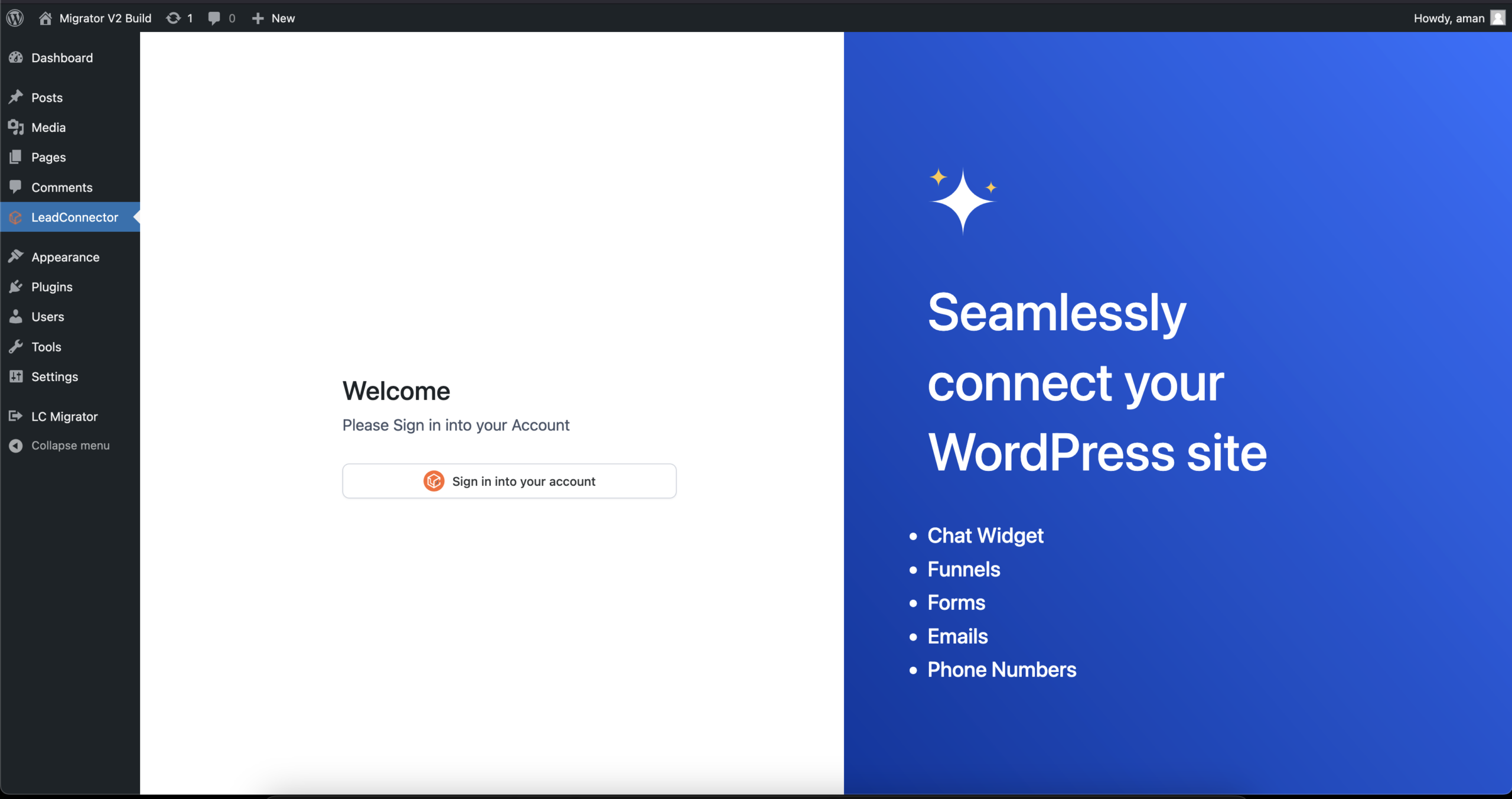 LC Migrator Login Screenshot of the LC Migrator plugin login interface within the WordPress dashboard, prompting for LeadConnector/HighLevel credentials.