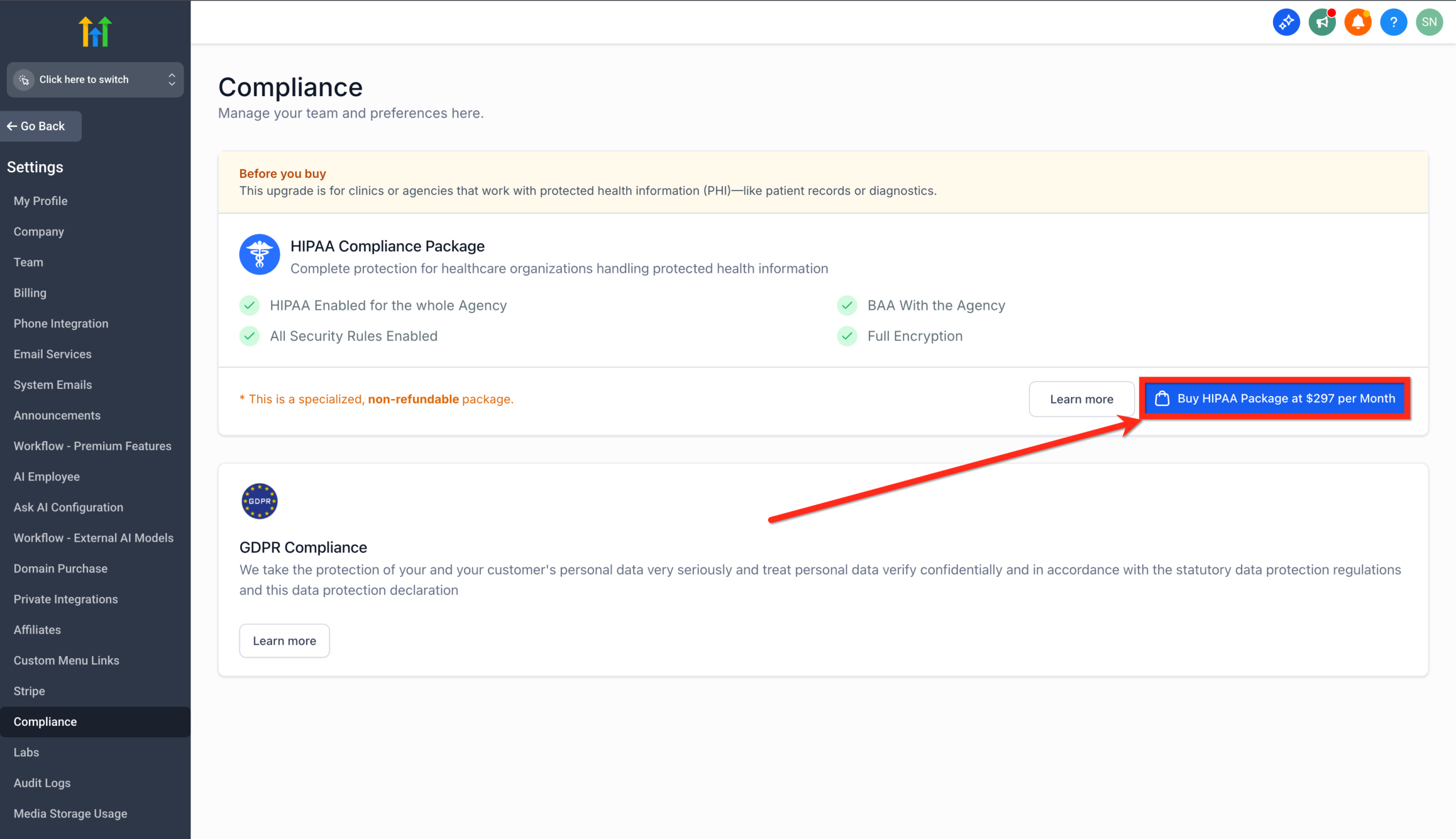 Screenshot showing the 'Buy HIPAA Package at $297 per Month' button highlighted on the HighLevel compliance page.
