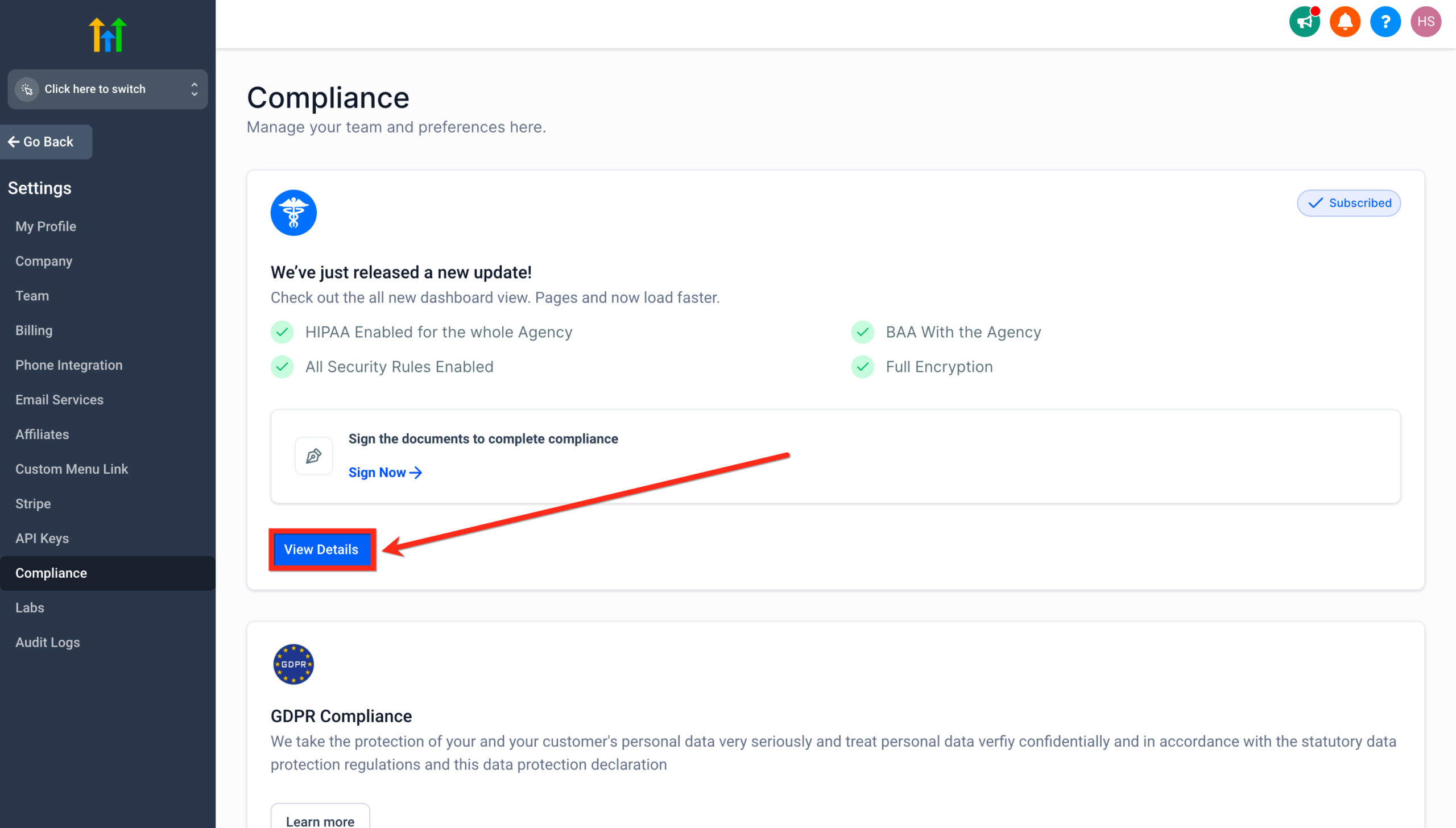 Screenshot showing the signed BAA status and 'View Document' button within the HighLevel Compliance section.