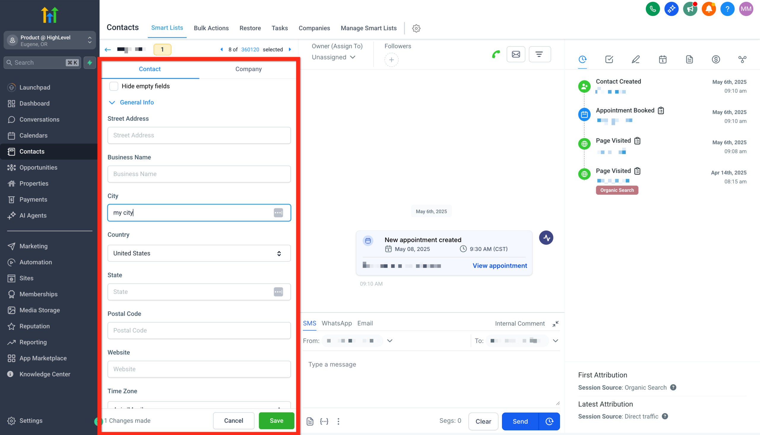 Screenshot of a contact card with updated information and the save button highlighted