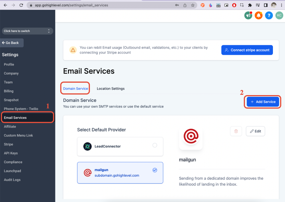 Successful Mailgun Connection Screenshot of a successful Mailgun connection in GoHighLevel showing a green 'Connected' status.