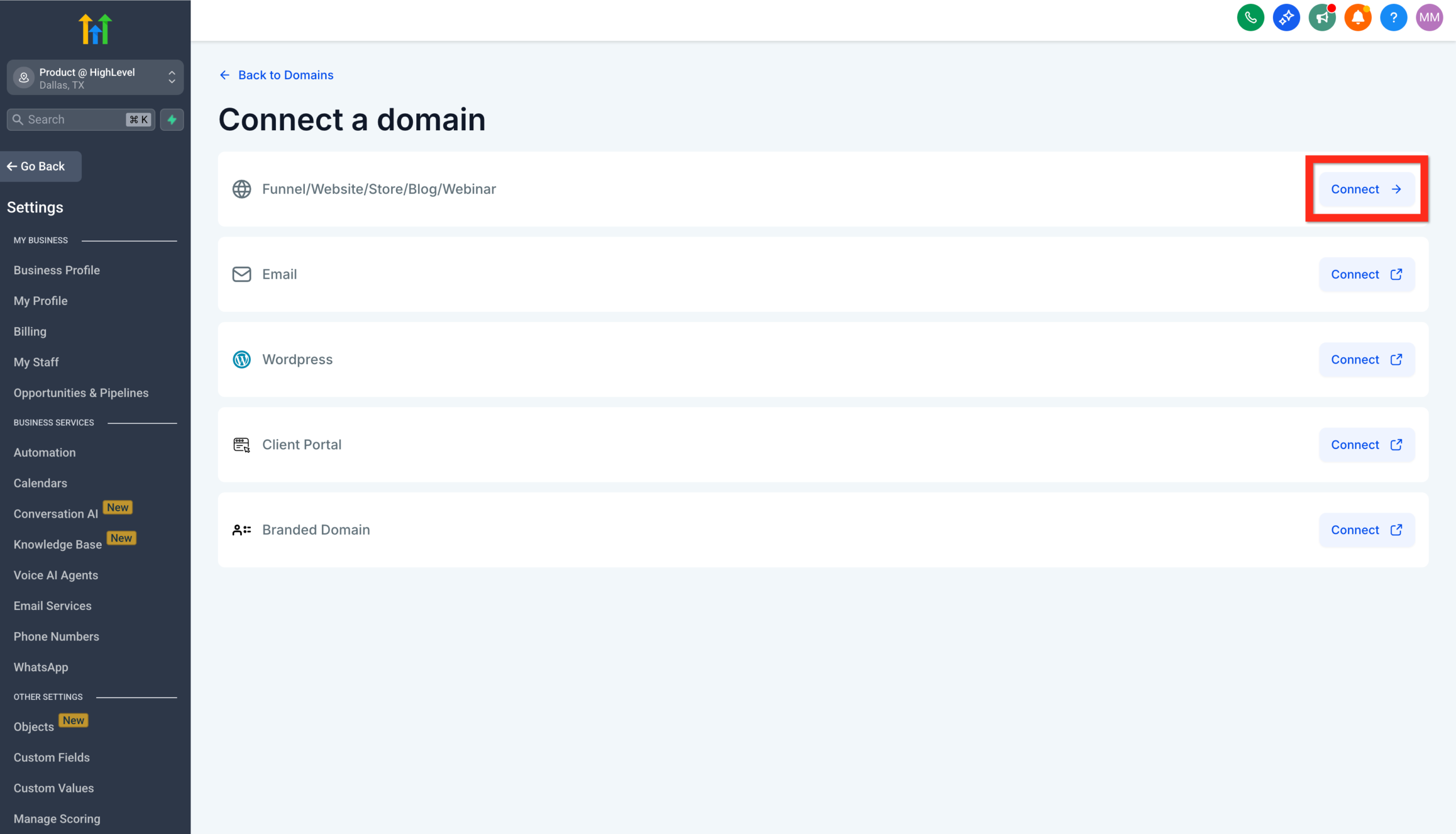 Connect Website Option