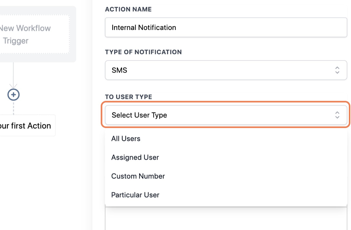 Workflow configuration for an internal SMS notification in GoHighLevel, including recipient and SMS body.