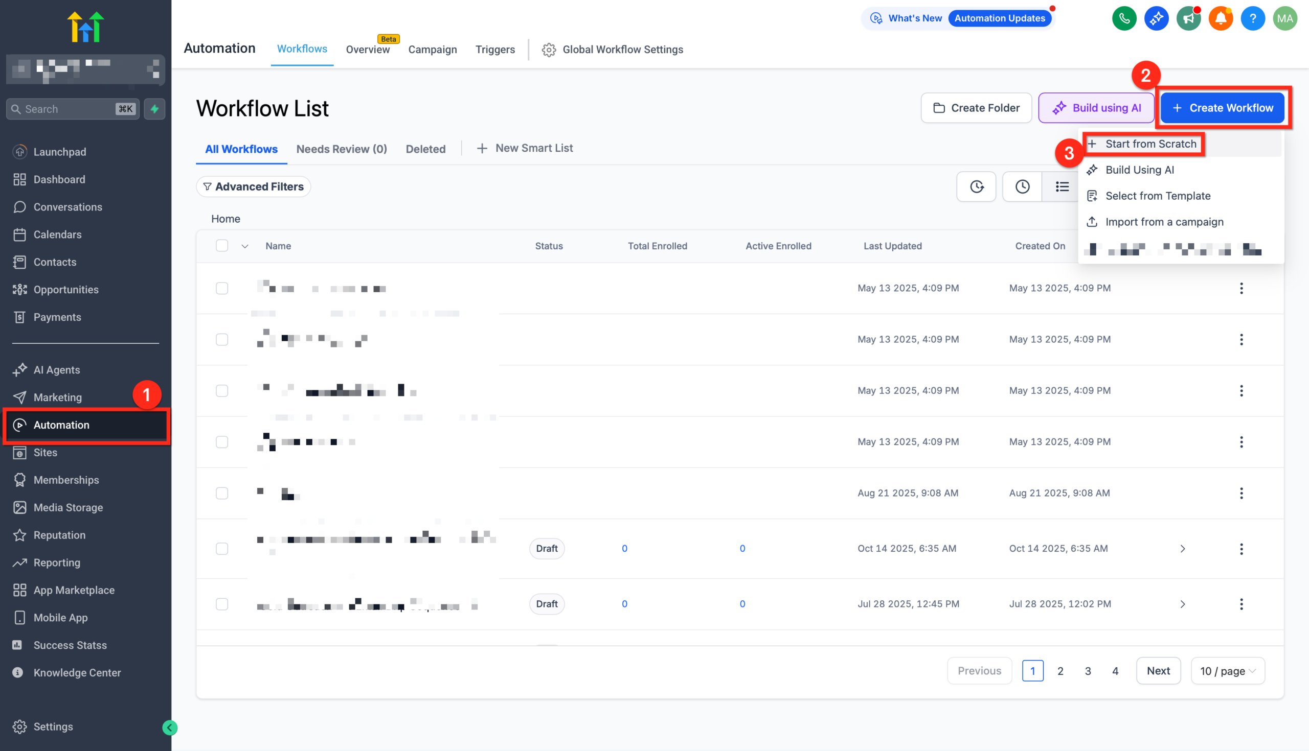 Open Workflow GoHighLevel Automation Screenshot showing the GoHighLevel Automation menu with Workflows highlighted, and options to create a new workflow or start from scratch.