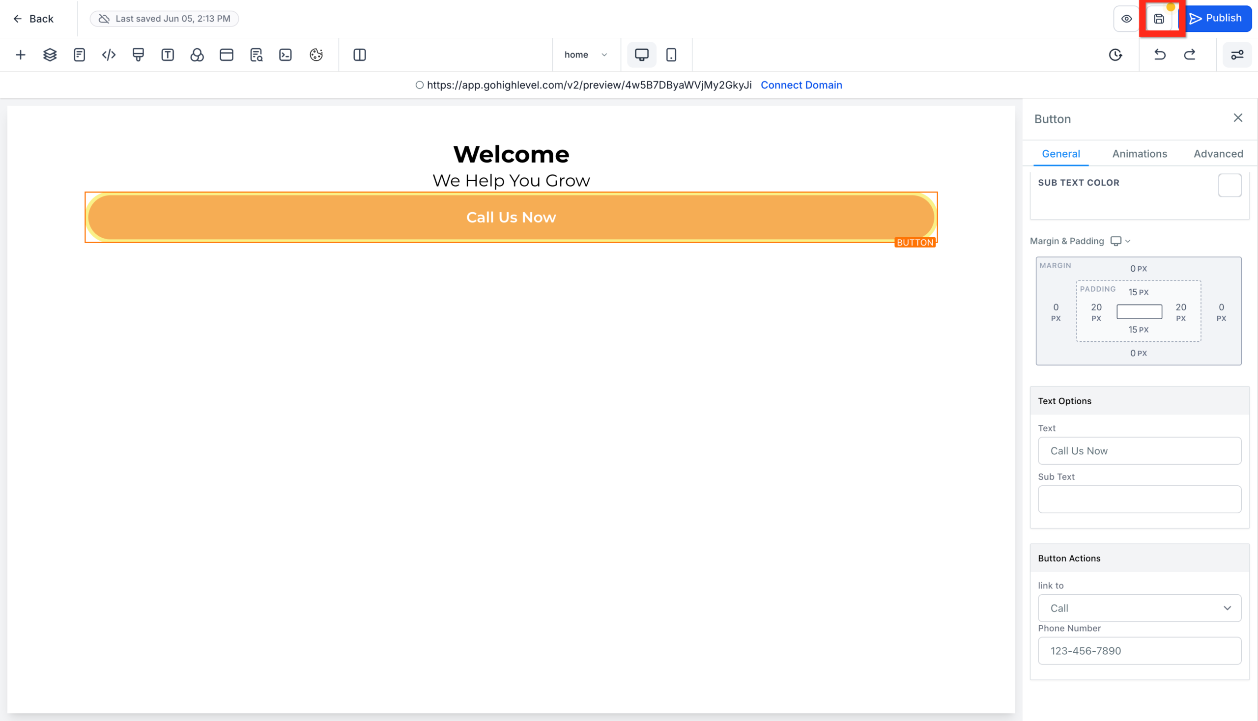 GoHighLevel website builder's top bar, highlighting the 'Save' icon to preserve changes.