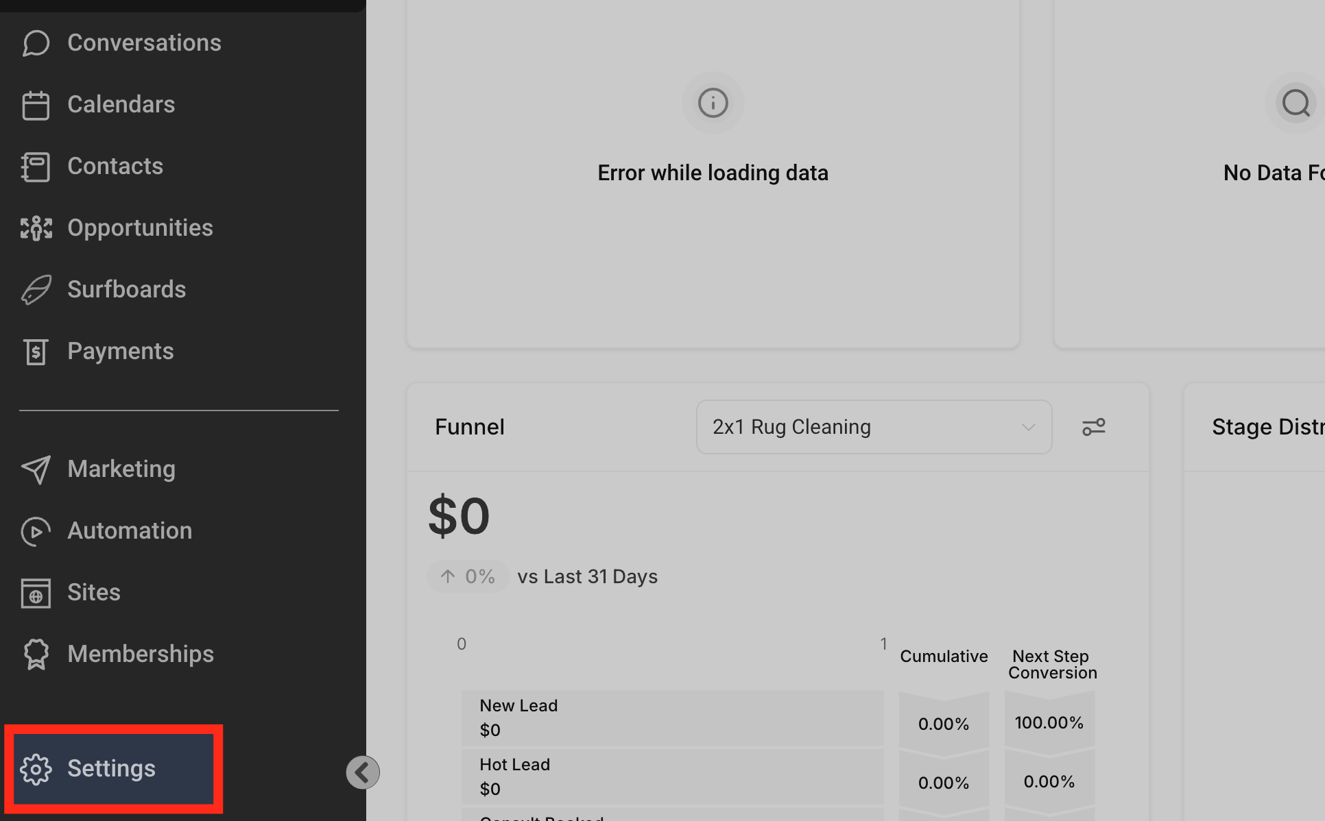 GoHighLevel Settings GoHighLevel Settings option in the left sidebar navigation