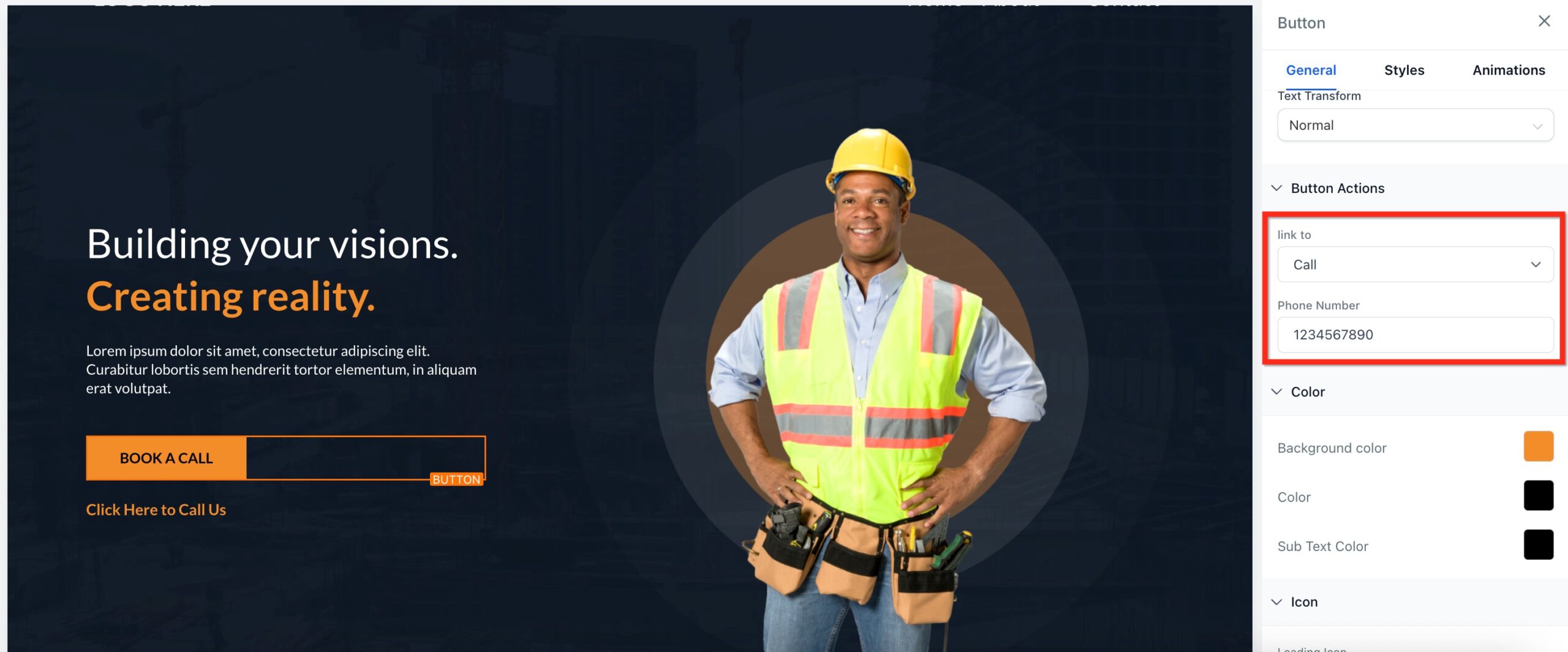 Add Click-to-Call Button Screenshot showing the GoHighLevel builder interface for configuring a button action to 'Call' and entering a phone number.