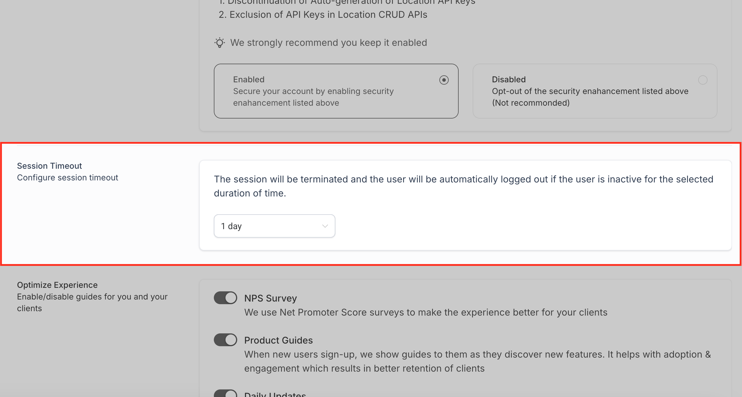 GoHighLevel Session Timeout Settings Screenshot of the Session Timeout settings in GoHighLevel Advanced Settings, showing various duration options for automatic logout.