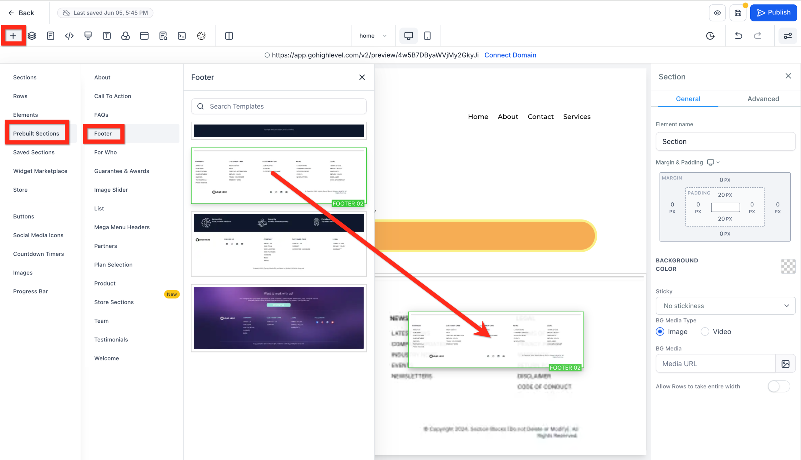 GoHighLevel website builder showing the 'Prebuilt Elements' panel open, with a 'Footer' element being dragged into the bottom section.