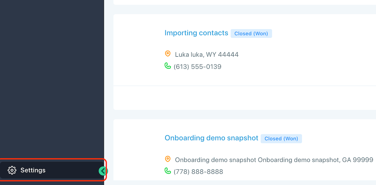 Screenshot showing the GoHighLevel sidebar with "Settings" highlighted.