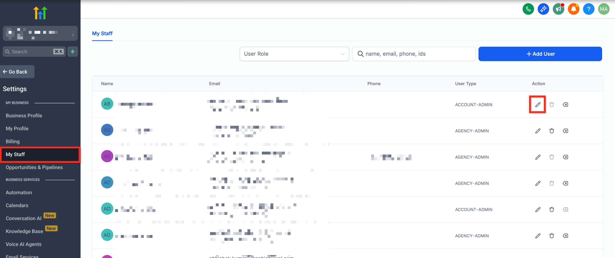 GoHighLevel Sub-Account Settings with My Staff highlighted