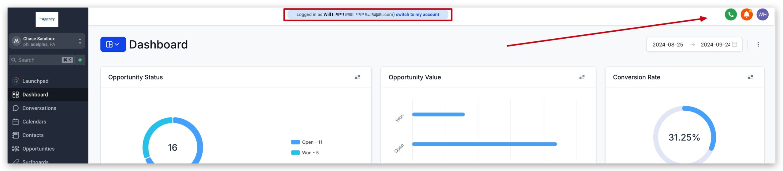 Location Admin No Support Button Screenshot of the GoHighLevel Location dashboard demonstrating that the blue question mark support icon is not visible for Location Admins/Users.