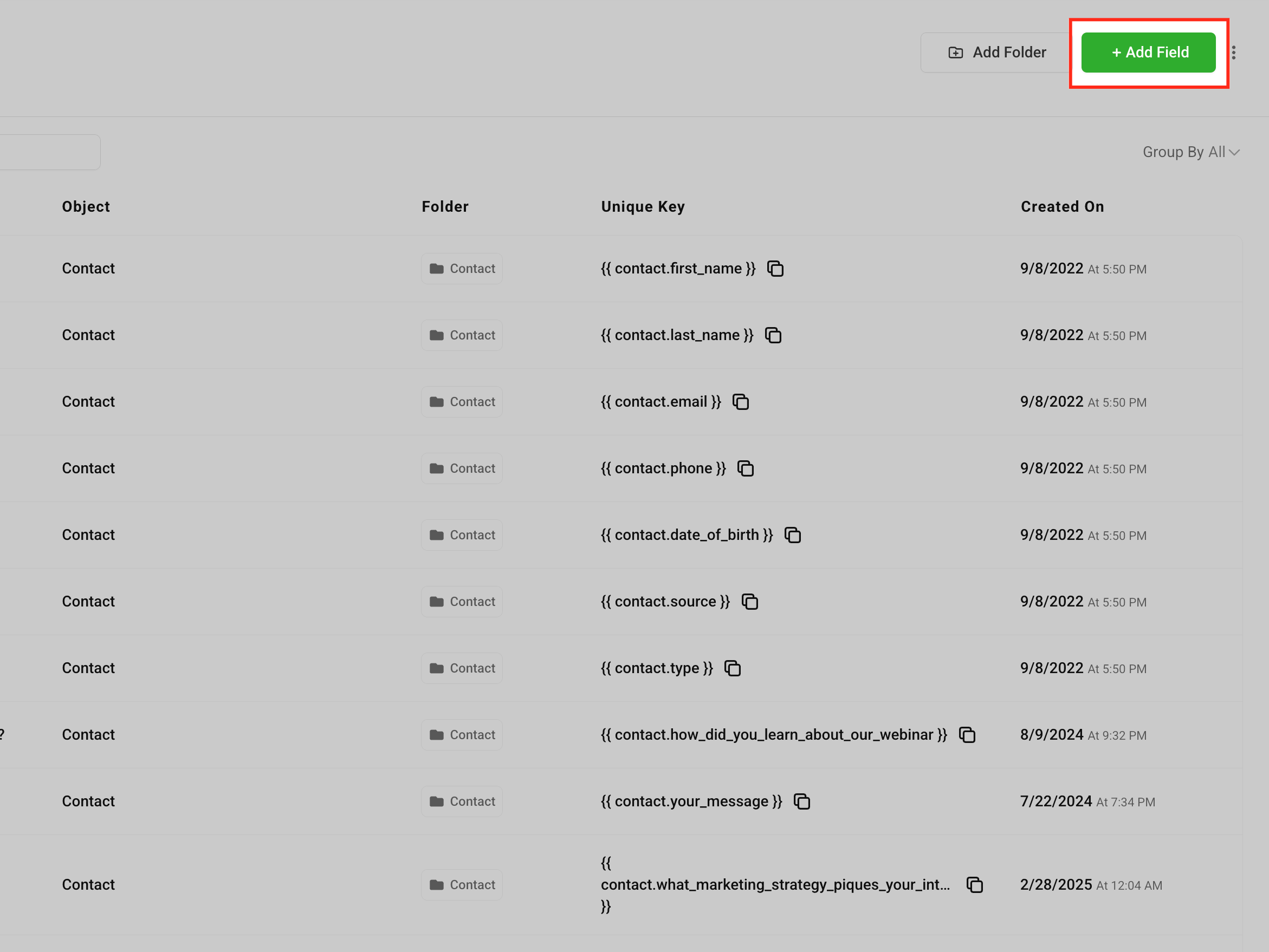 Screenshot of the 'Add Field' button in the Custom Fields section