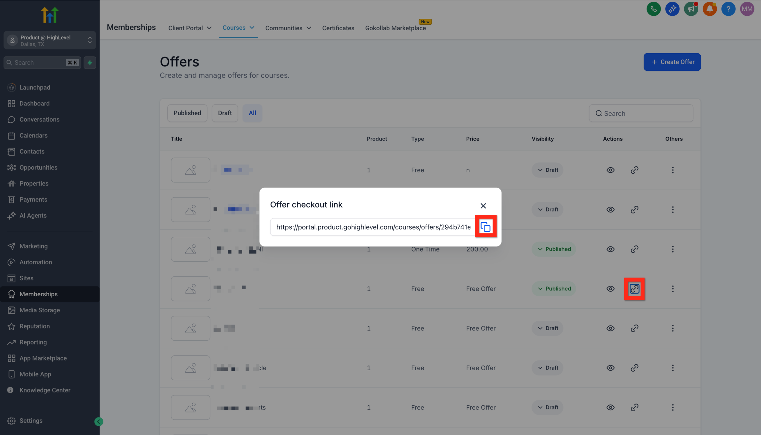 Screenshot showing the 'Copy' button to get the shareable link for a GoHighLevel course offer