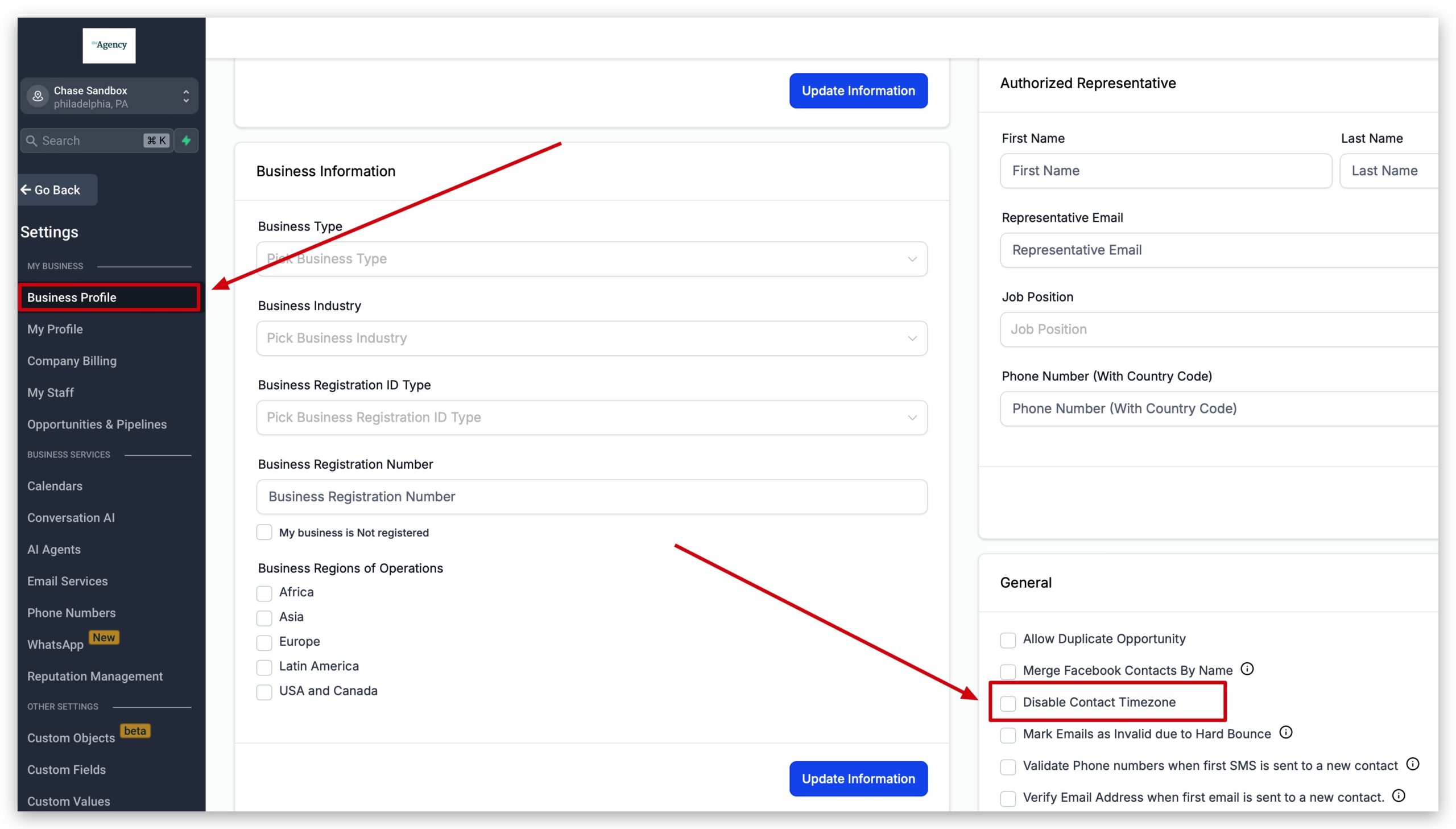 Disable Contact Timezone Setting Screenshot showing the 'Disable Contact Timezone' checkbox activated within GoHighLevel's Settings > Business Profile > General section.