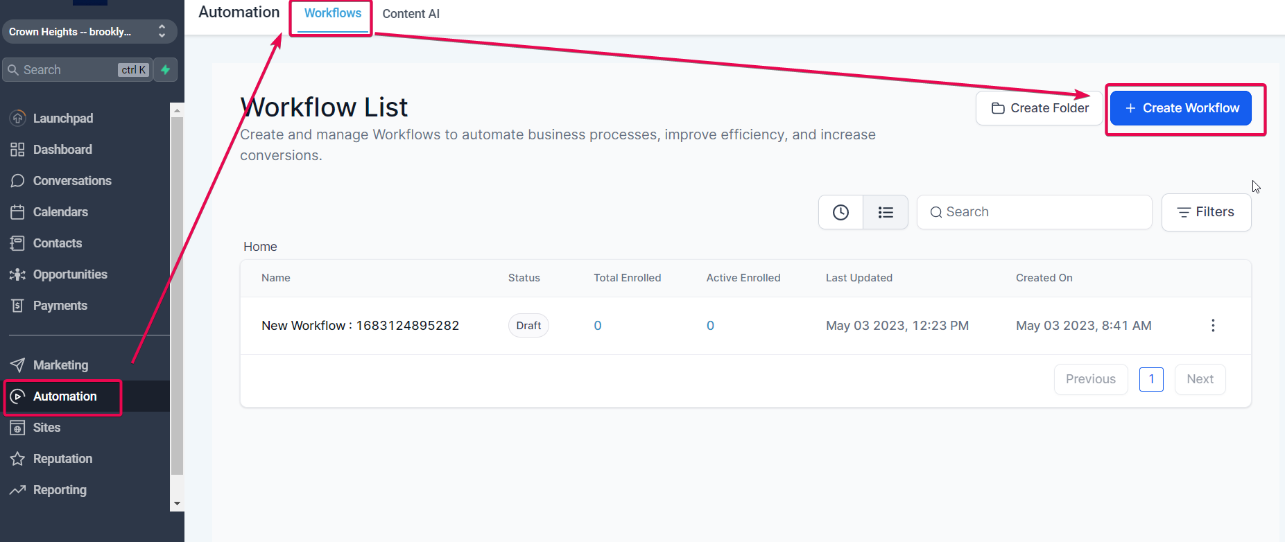 Screenshot showing the GoHighLevel workflows dashboard with an option to create a new workflow.