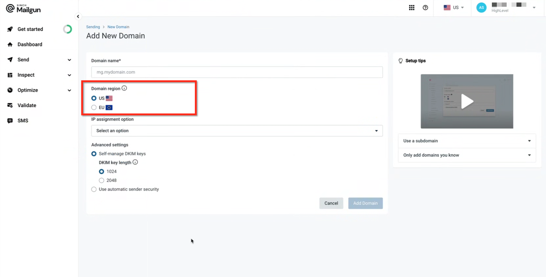 Mailgun US Region Verification Screenshot showing the Mailgun control panel highlighting the domain region as US.