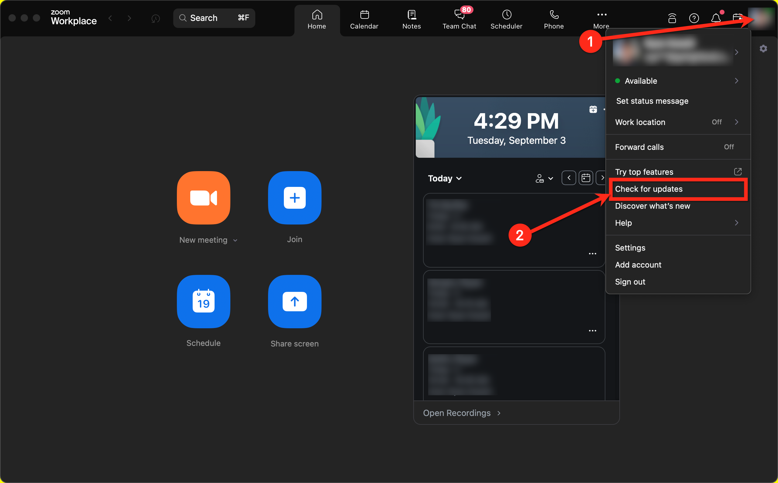 Zoom application displaying the 'Check for Updates' feature with a 'You are up to date' message.