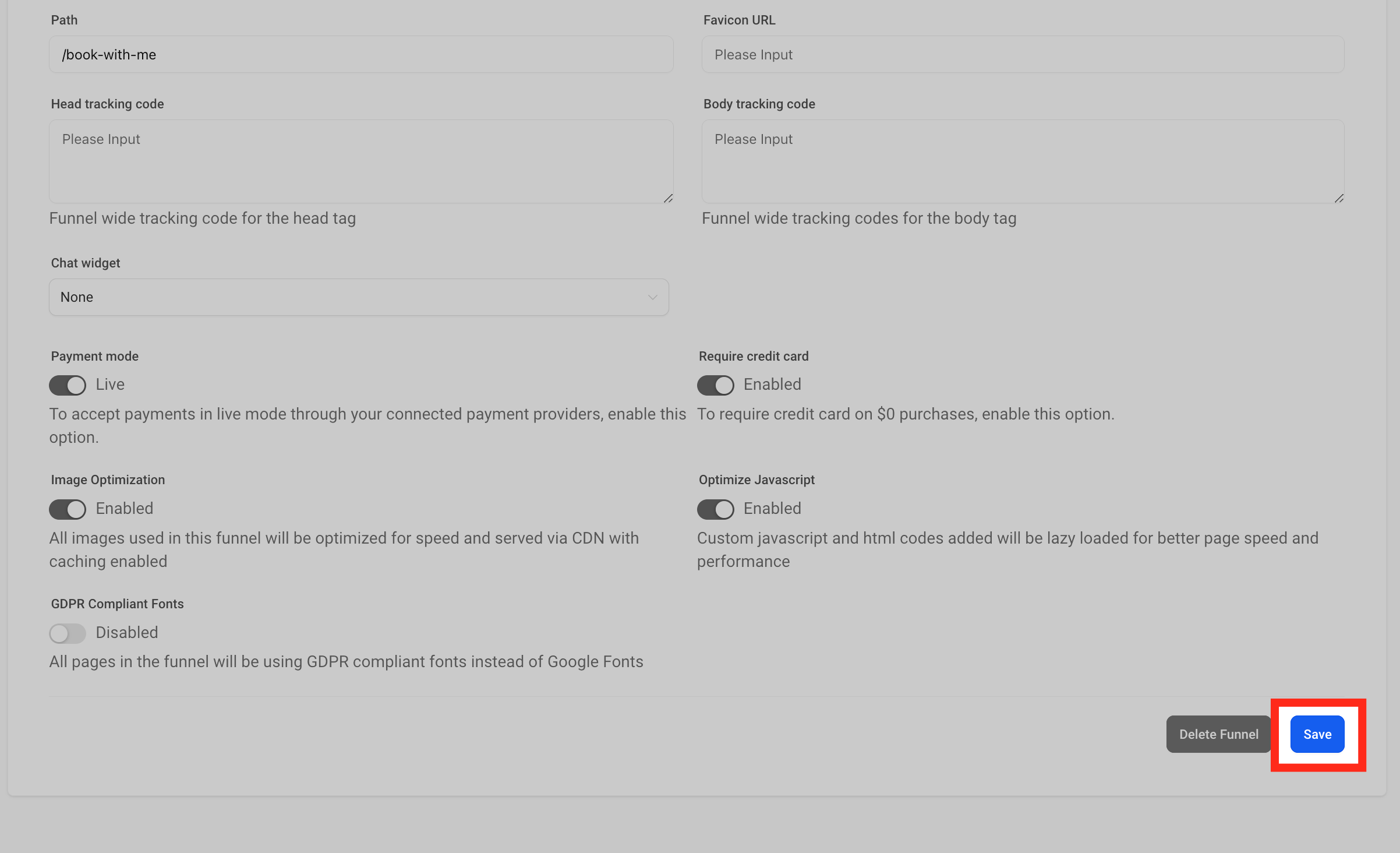 Save Settings Saving funnel settings after adding the number pool snippet
