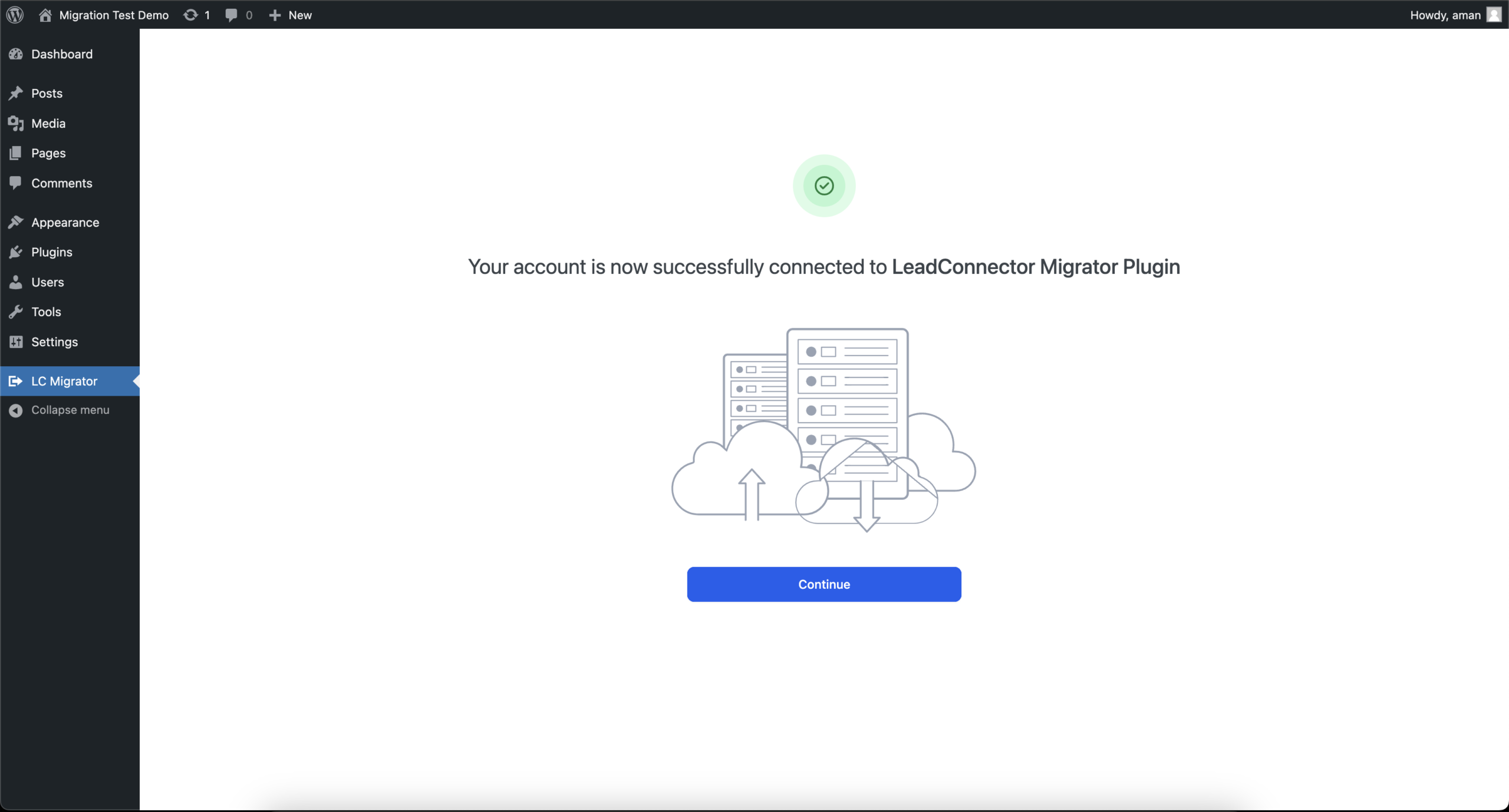 Migration Complete Screenshot of the LC Migrator plugin showing a 'Migration Completed' confirmation, with options to view the new website and rate the experience.