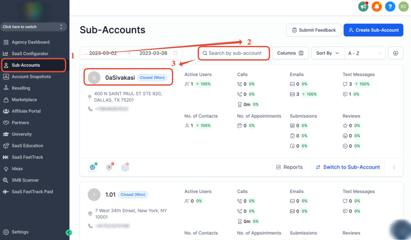 Screenshot showing the GoHighLevel Sub-Accounts page, with a search bar and a selected sub-account highlighted.